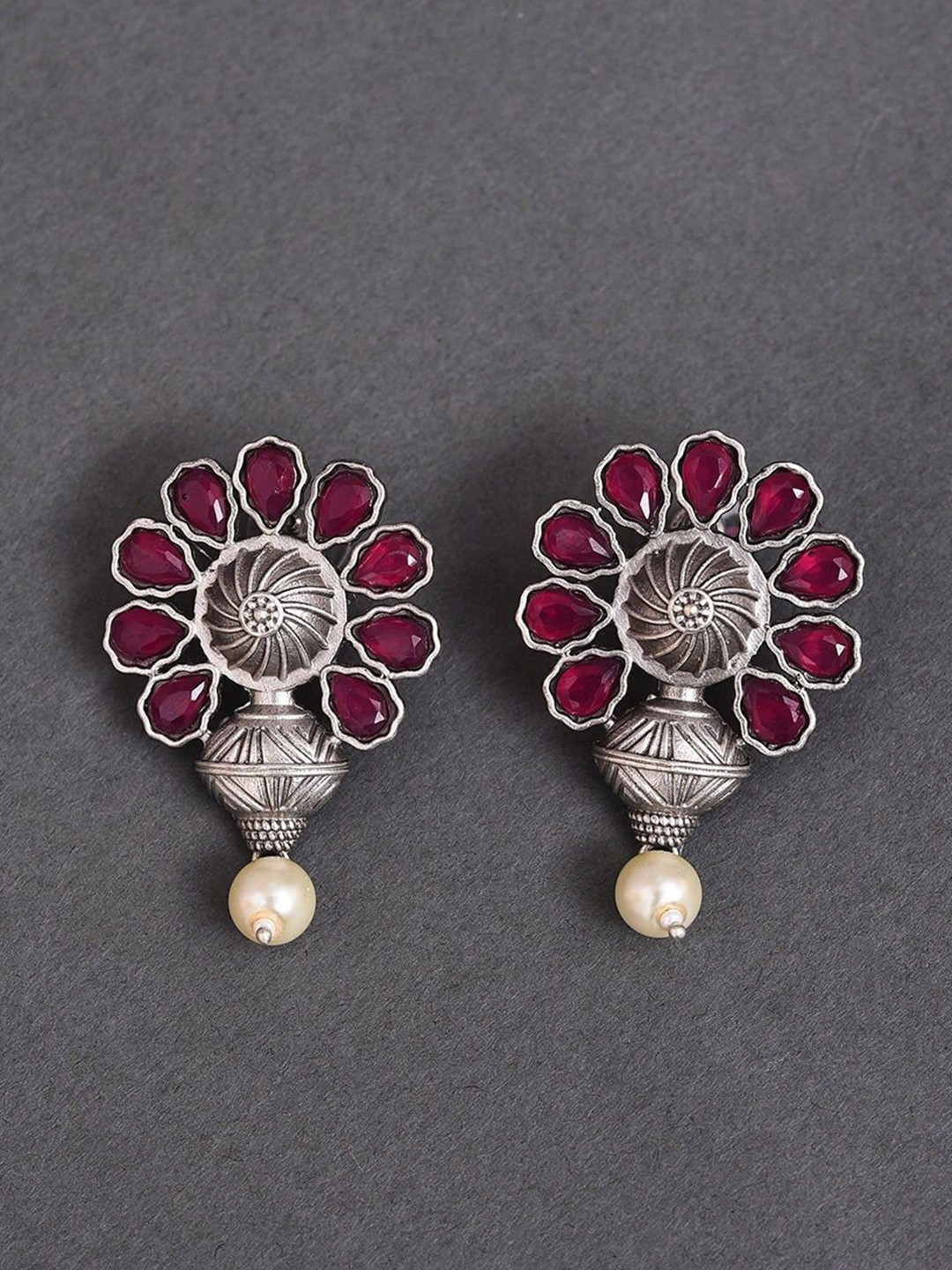 

JAYPORE Stone Studded & Beaded Contemporary Drop Earrings, Silver