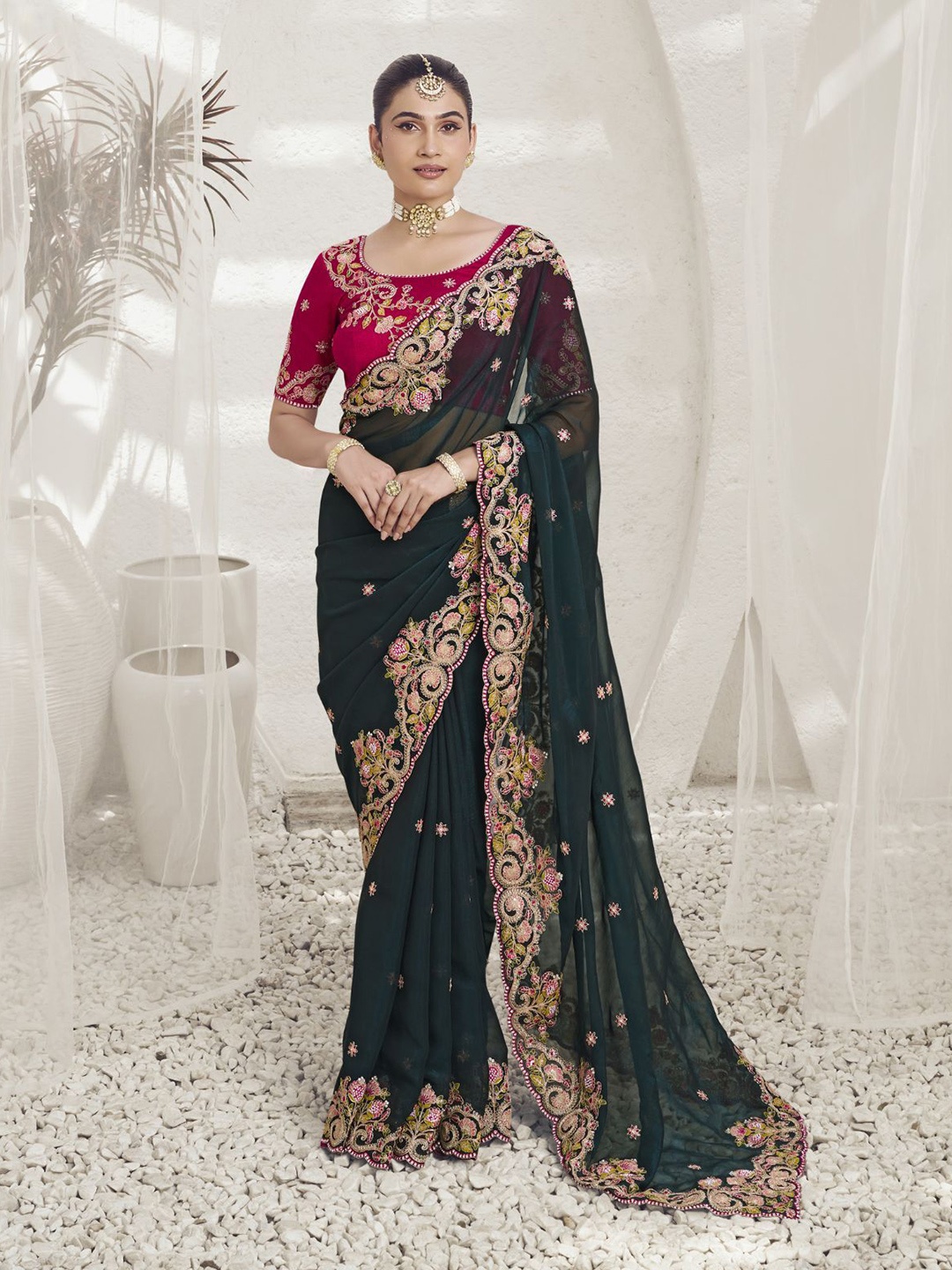 

ODETTE Embellished Embroidered Poly Georgette Saree, Green