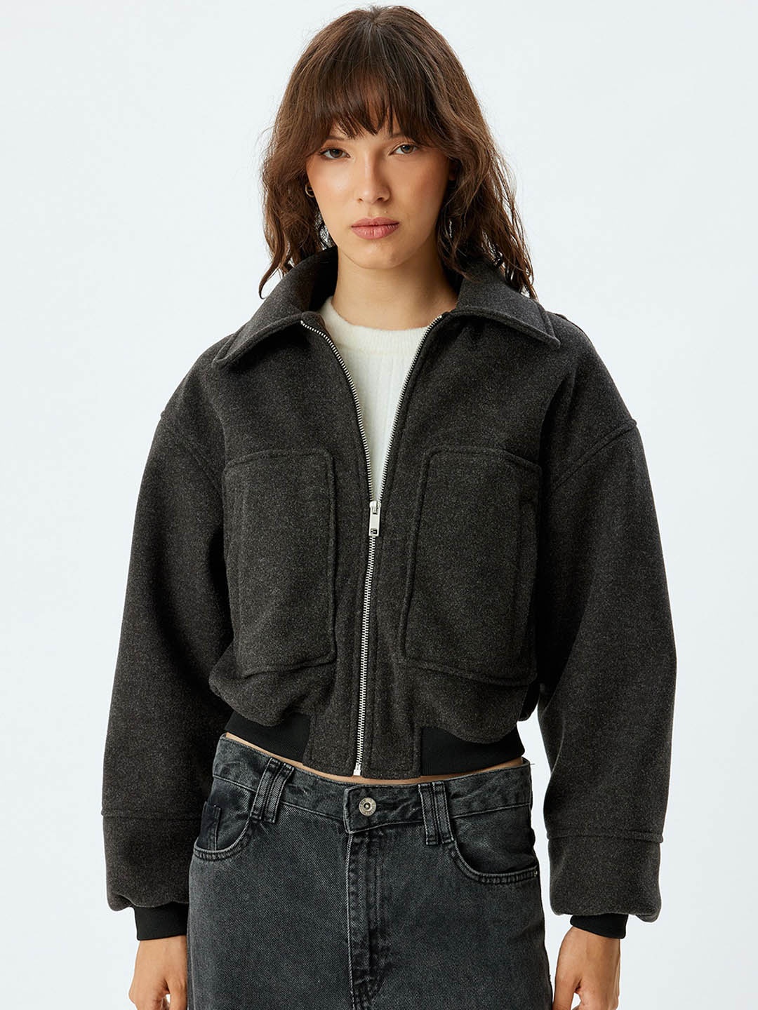 

Koton Women Spread Collar Solid Casual Tailored Jacket, Grey