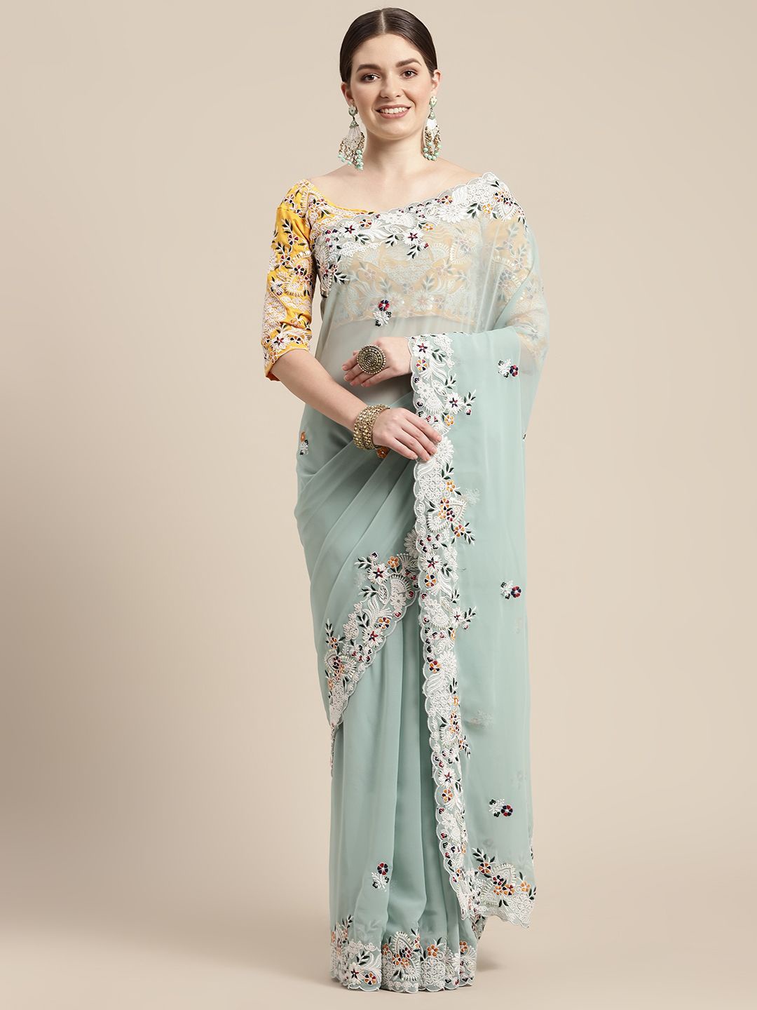

VAIRAGEE Floral Embroidered Poly Georgette Ready to Wear Saree, Turquoise blue