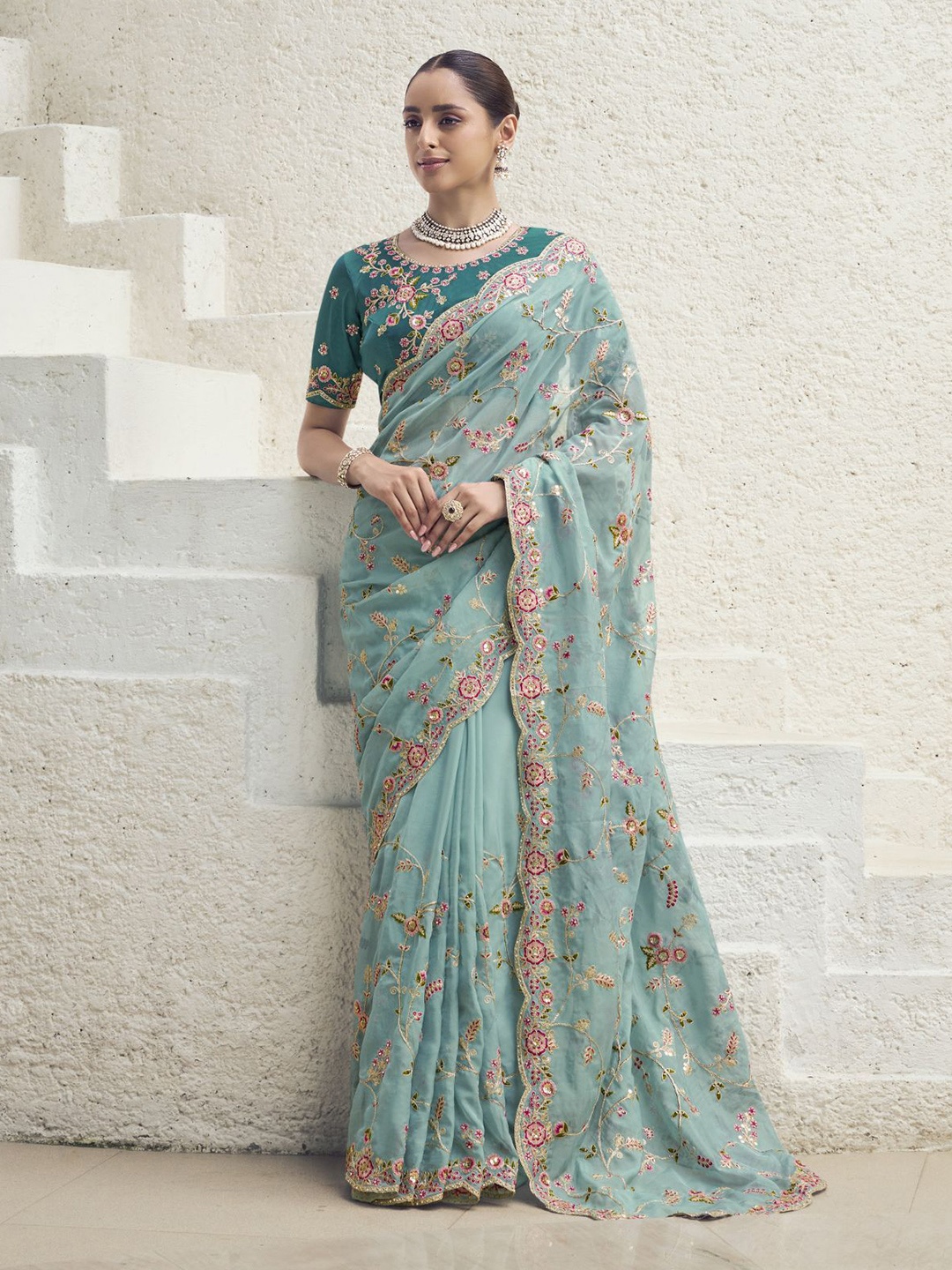 

ODETTE Embroidered Organza Saree, Purple