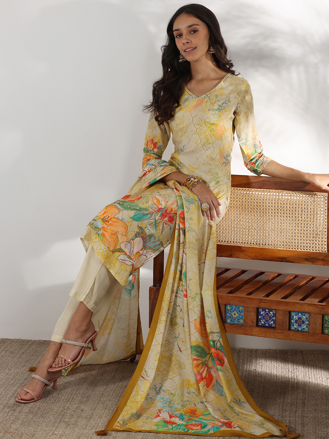 

Libas Floral Printed Beads and Stones Straight Kurta With Trousers & Dupatta, Beige