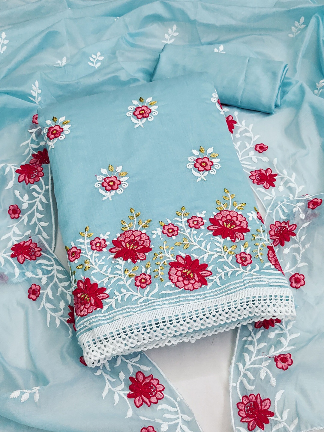 

Maroosh Floral Embroidered Unstitched Dress Material, Turquoise blue