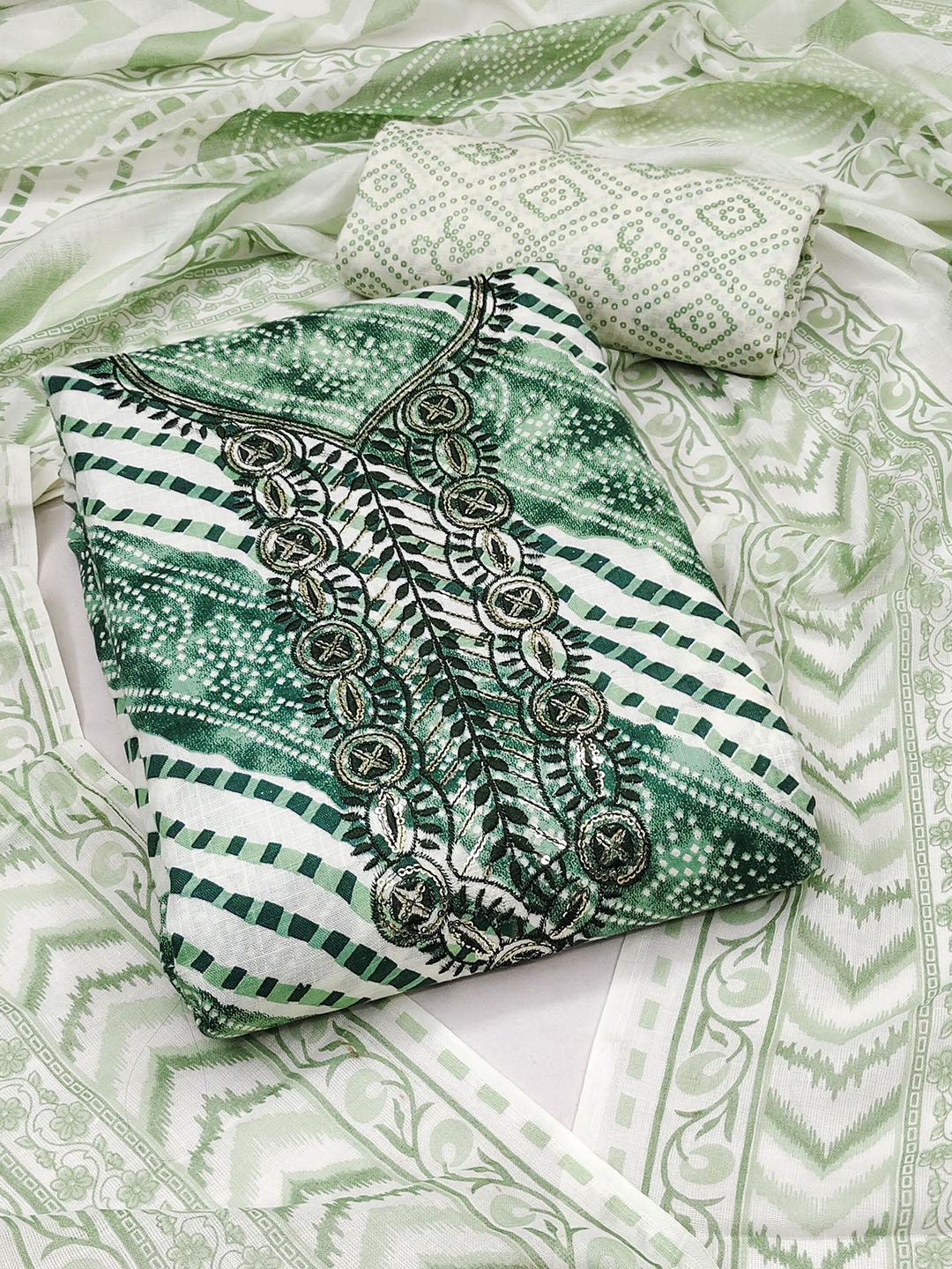 

Maroosh Leheriya Printed Unstitched Dress Material, Sea green