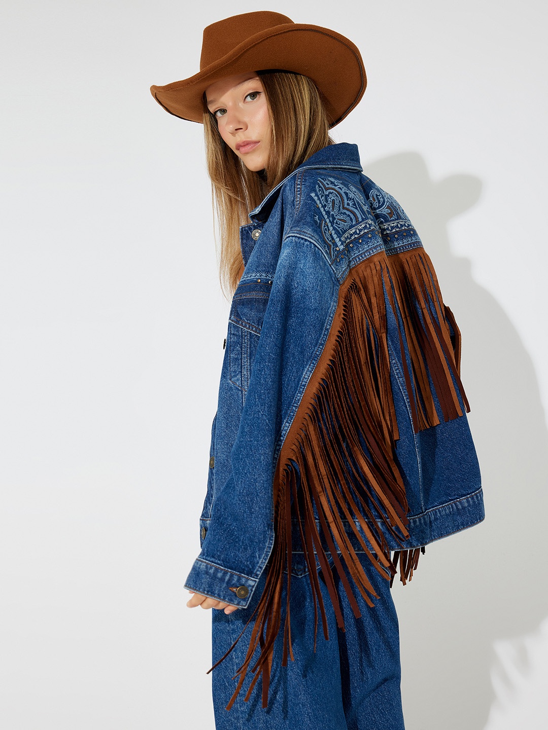 

Koton Women Spread Collar Solid Cotton Casual Denim Jacket, Turquoise blue
