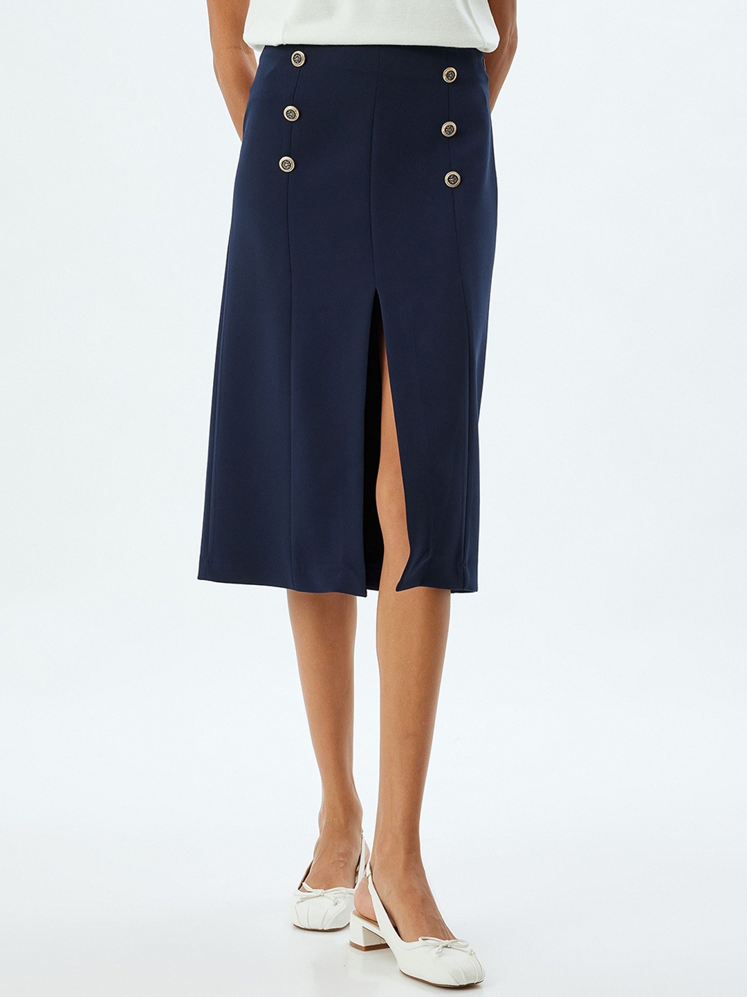 

Koton Women Straight Midi Skirt With Front Slit, Blue