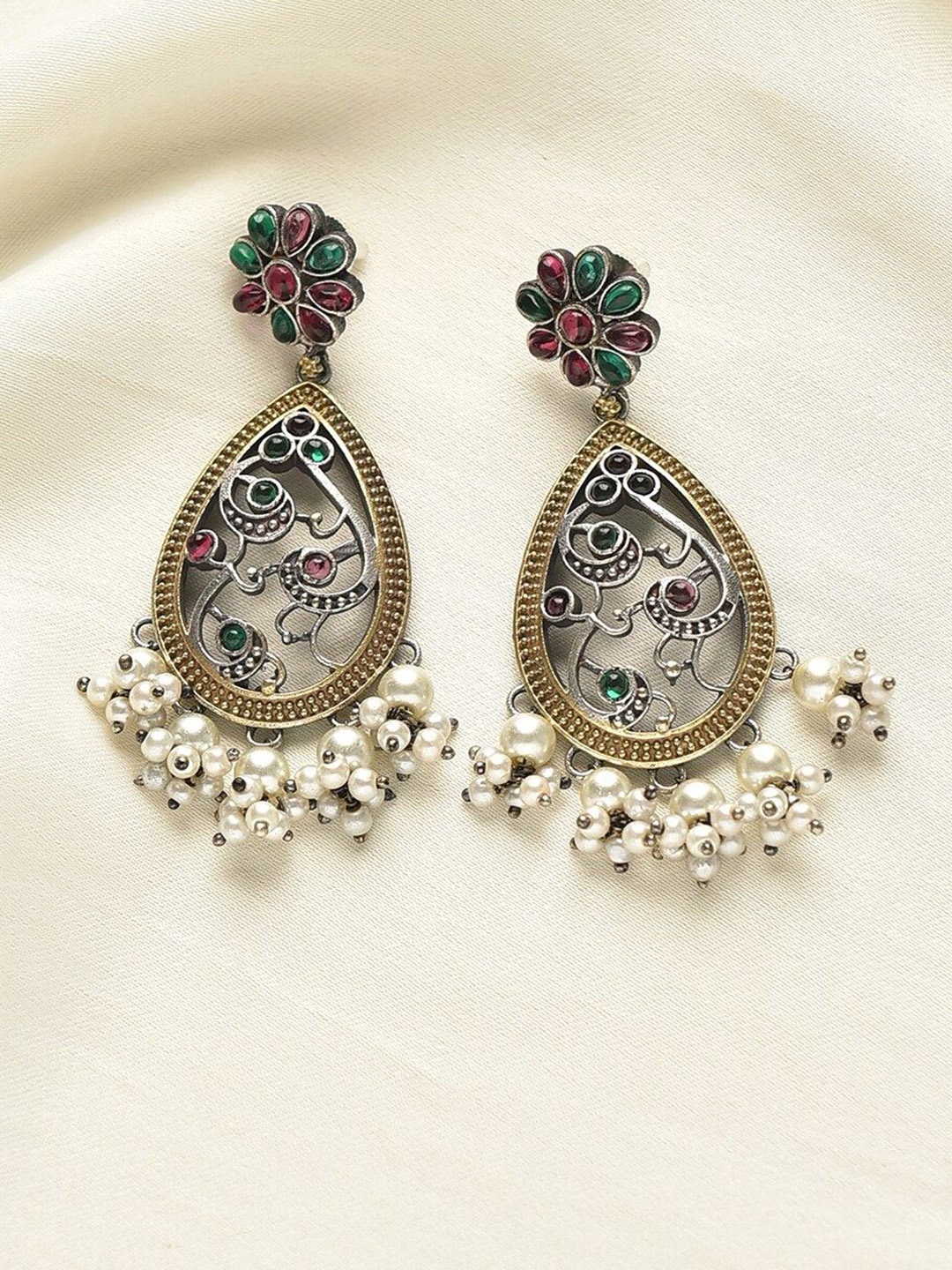 

JAYPORE Gold-Plated Stone Studded & Beaded Contemporary Drop Earrings