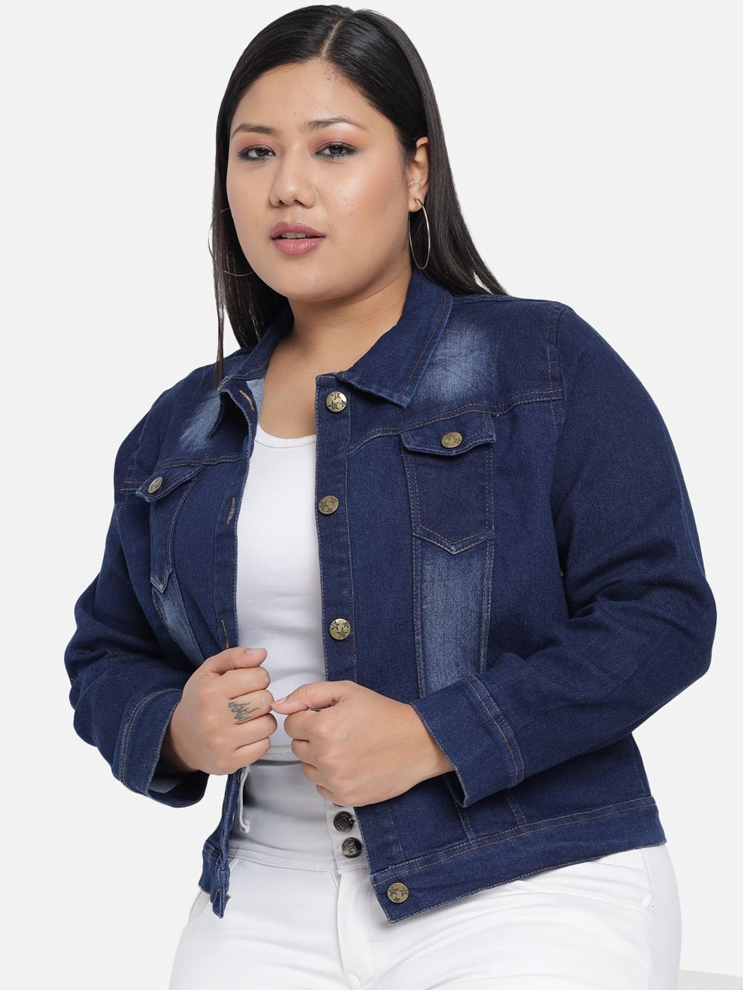 

Funday Fashion Women Spread Collar Washed Self Design Casual Plus Size Denim Jacket, Blue