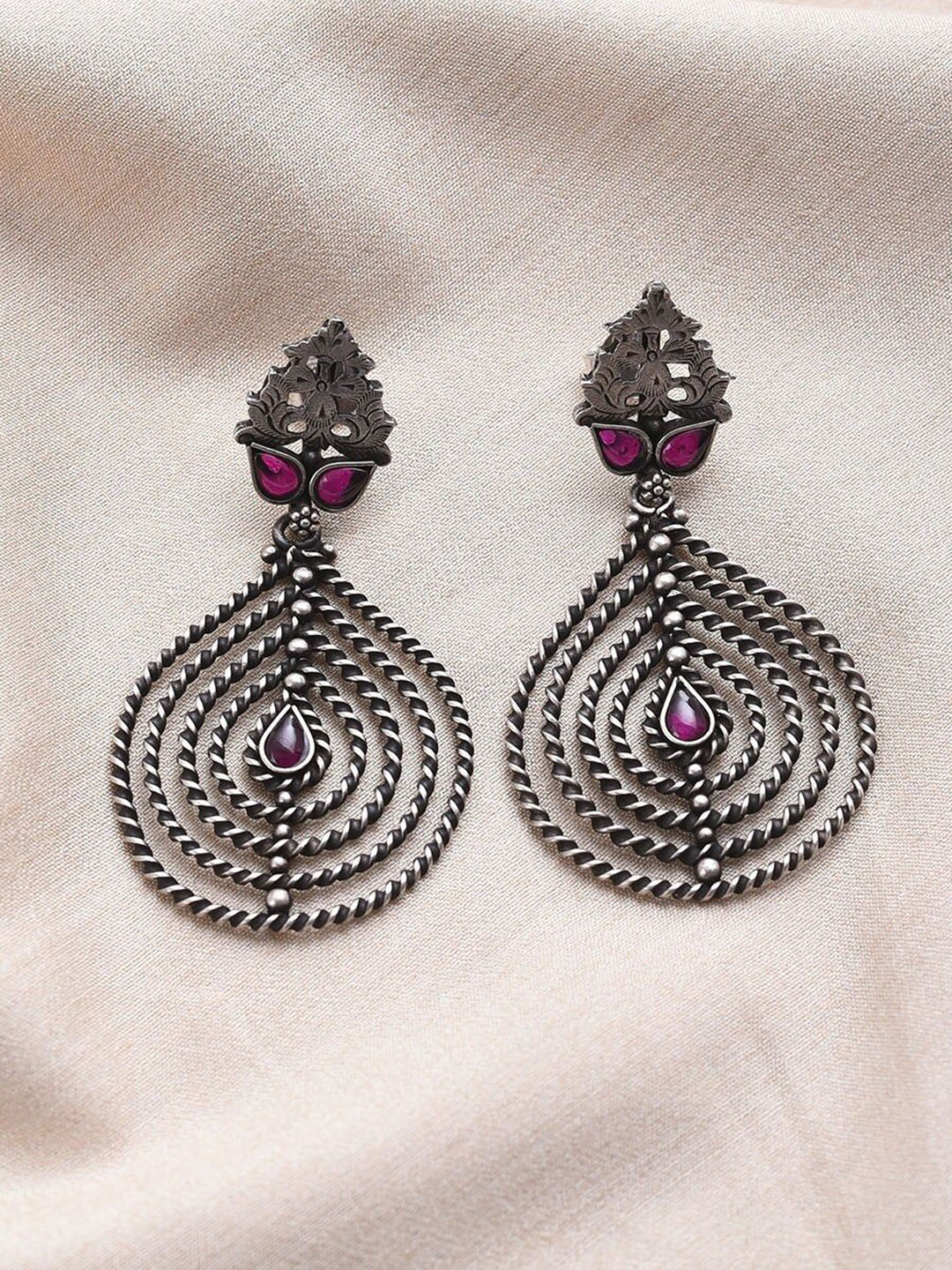 

JAYPORE Pure Silver Contemporary Oxidised Drop Earrings