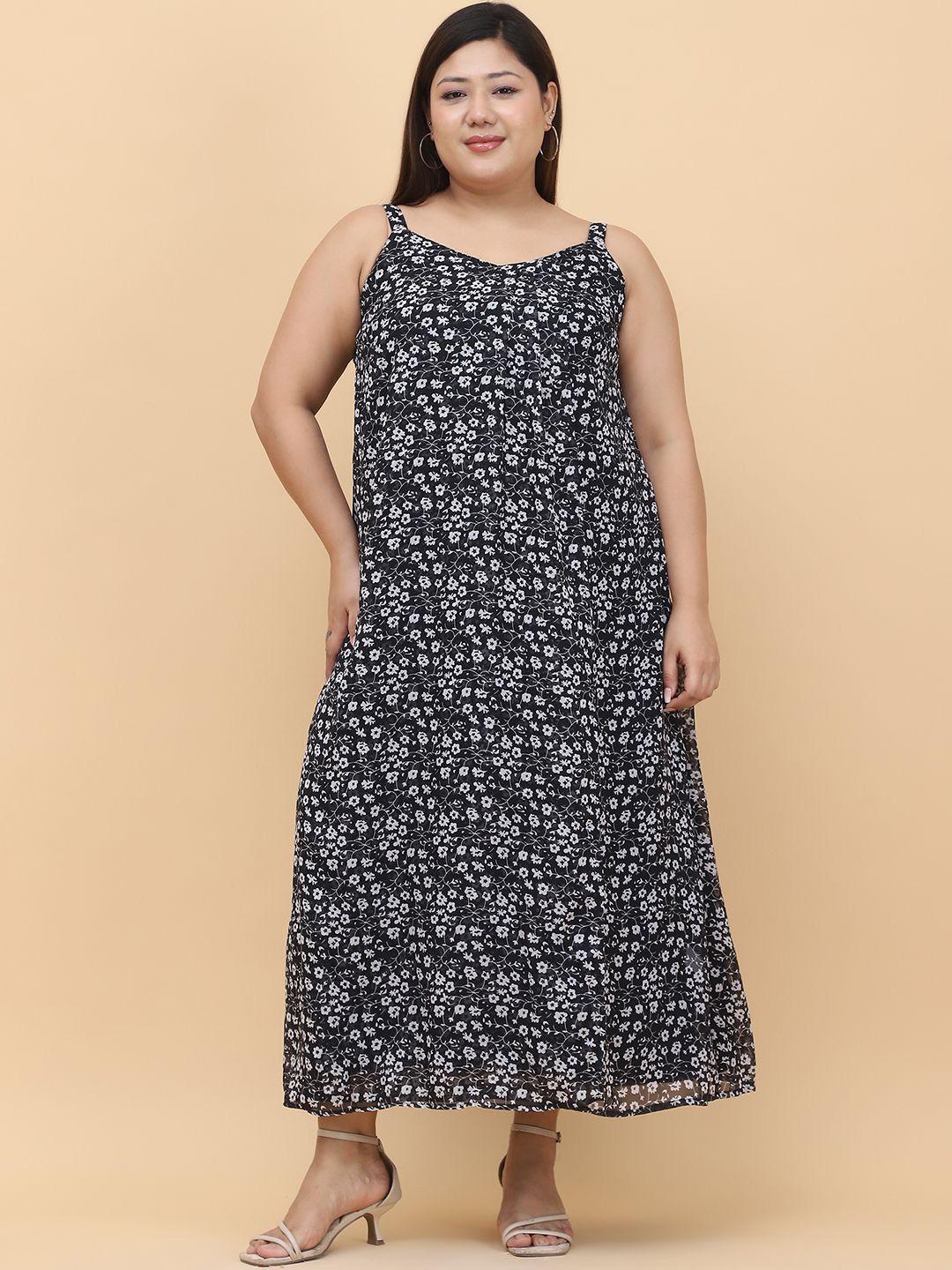 

theRebelinme Floral Print Georgette A-Line Midi Dress, Black