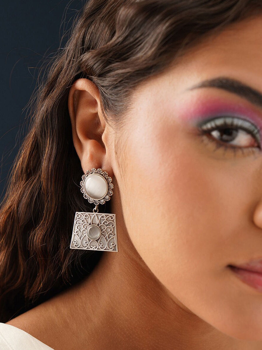 

JAYPORE Geometric Stone Studded Drop Earrings, Silver