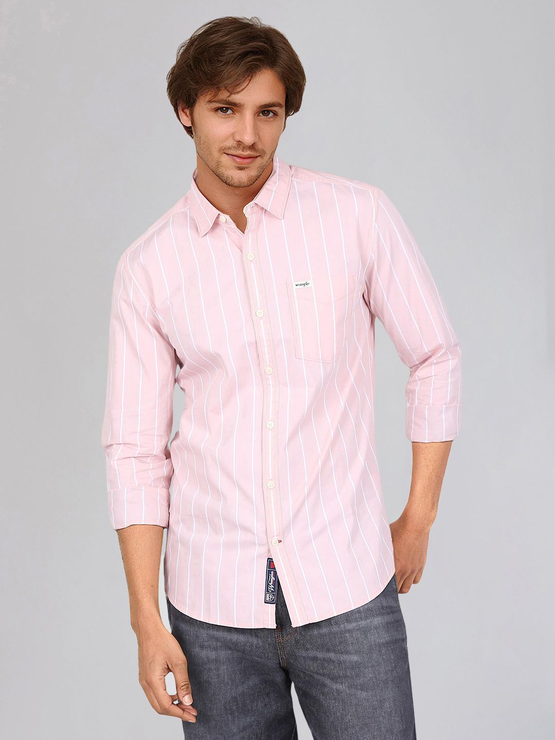 

Wrangler Men Cutaway Collar Vertical Striped Cotton Casual Shirt, Pink