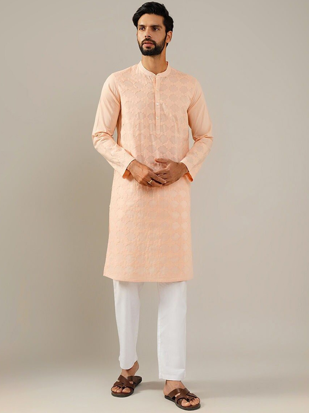 

JAYPORE Geometric Self Design Band Collar Straight Kurta, Peach