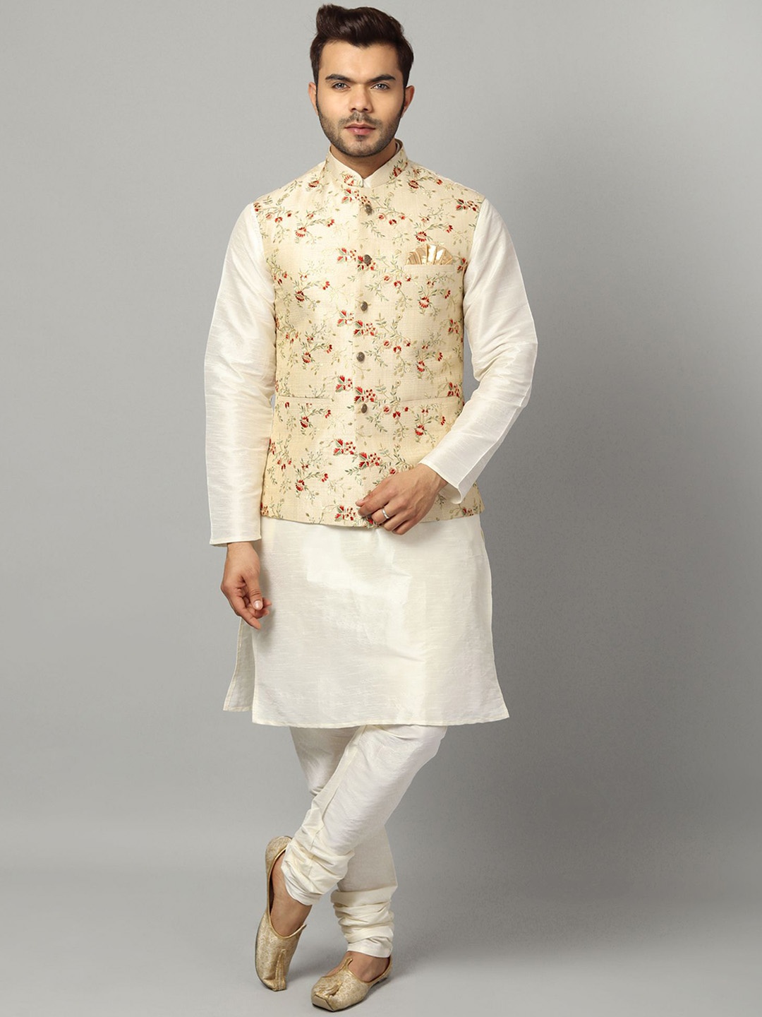 

Ethluxis Mandarin Collar Straight Kurta with Churidar & Embroidered Nehru jacket, Off white