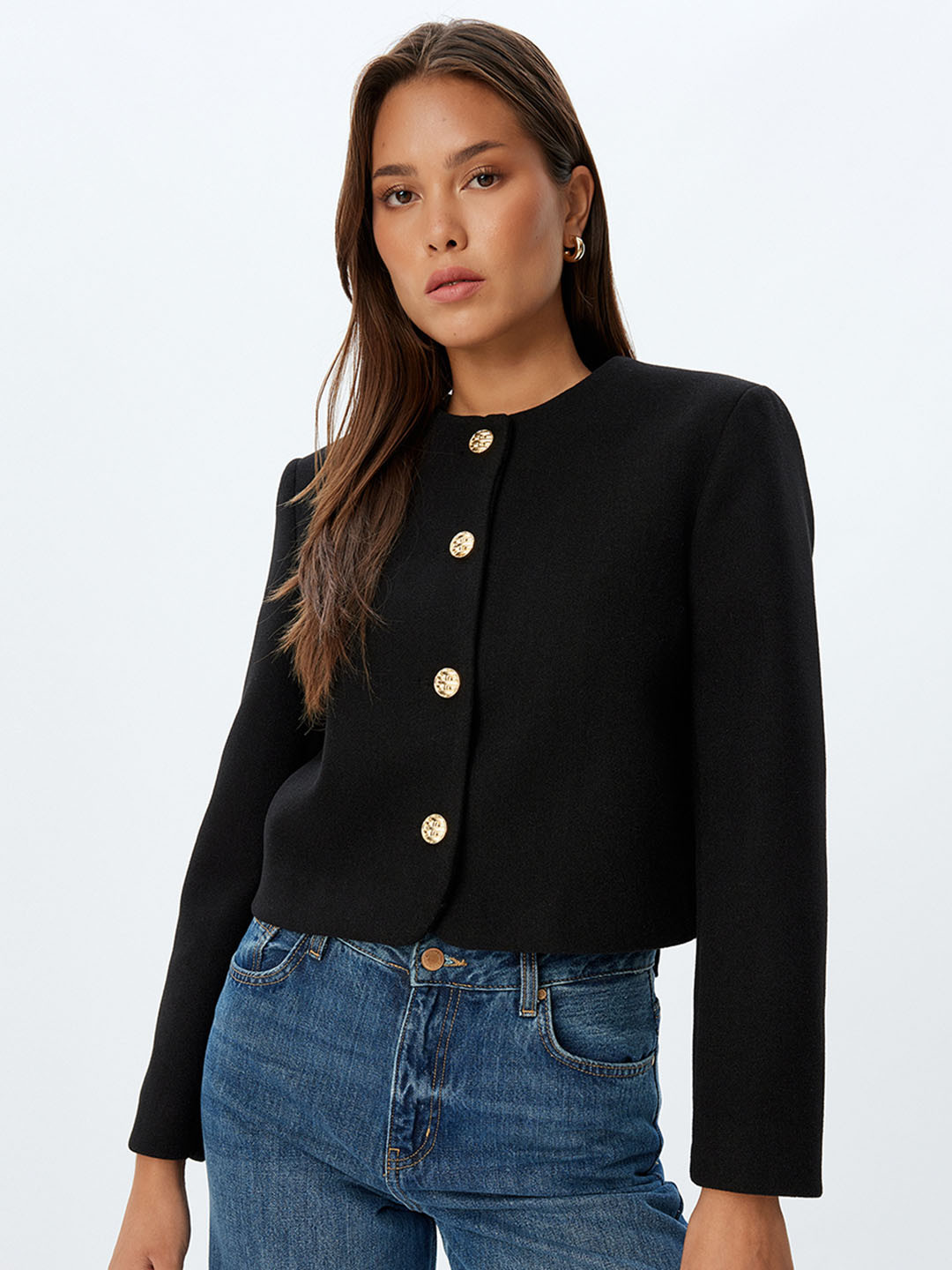 

Koton Women Collarless Solid Casual Tailored Jacket, Black