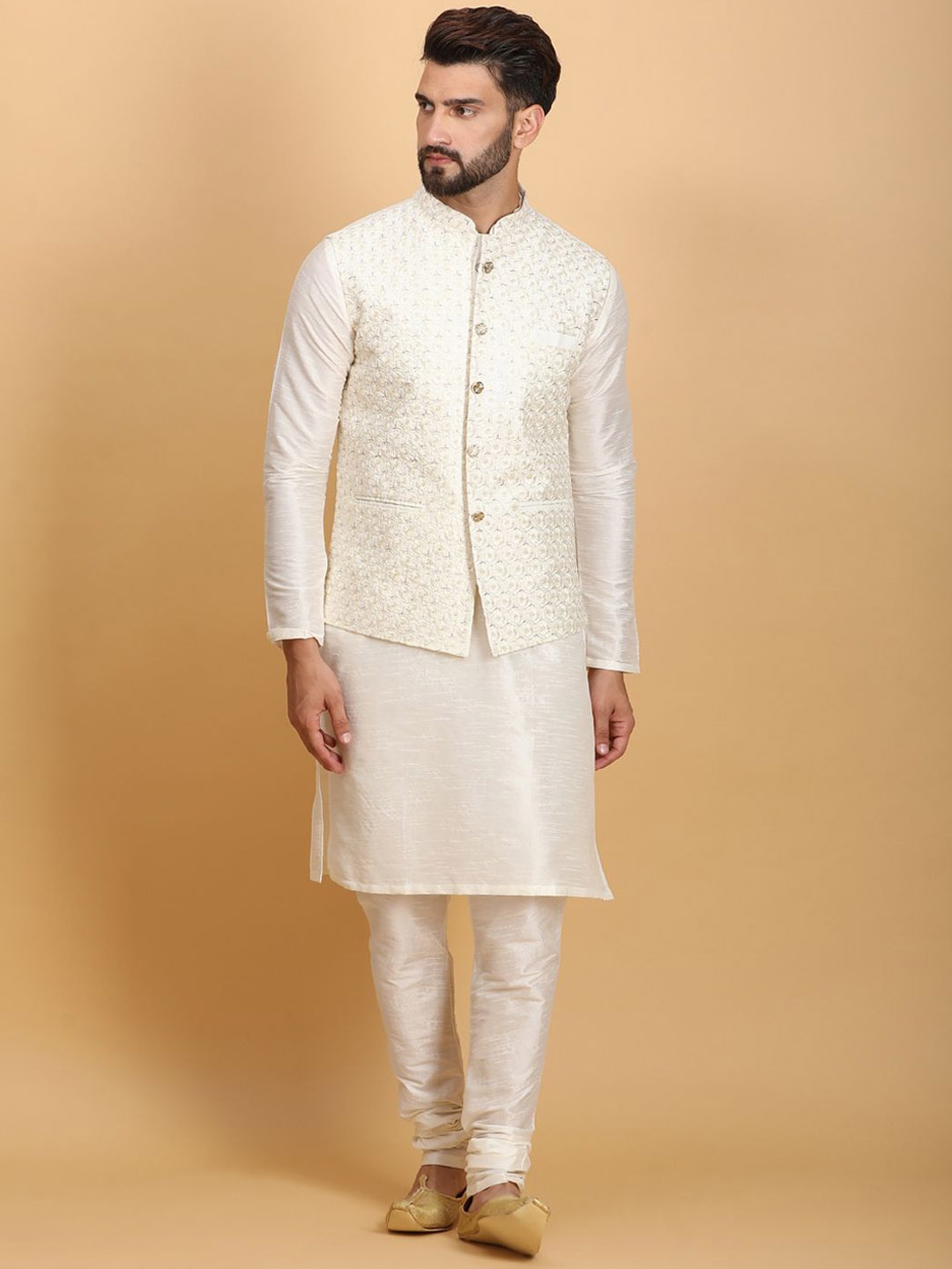 

Ethluxis Mandarin Collar Straight Kurta with Churidar & Embroidered Nehru jacket, Off white