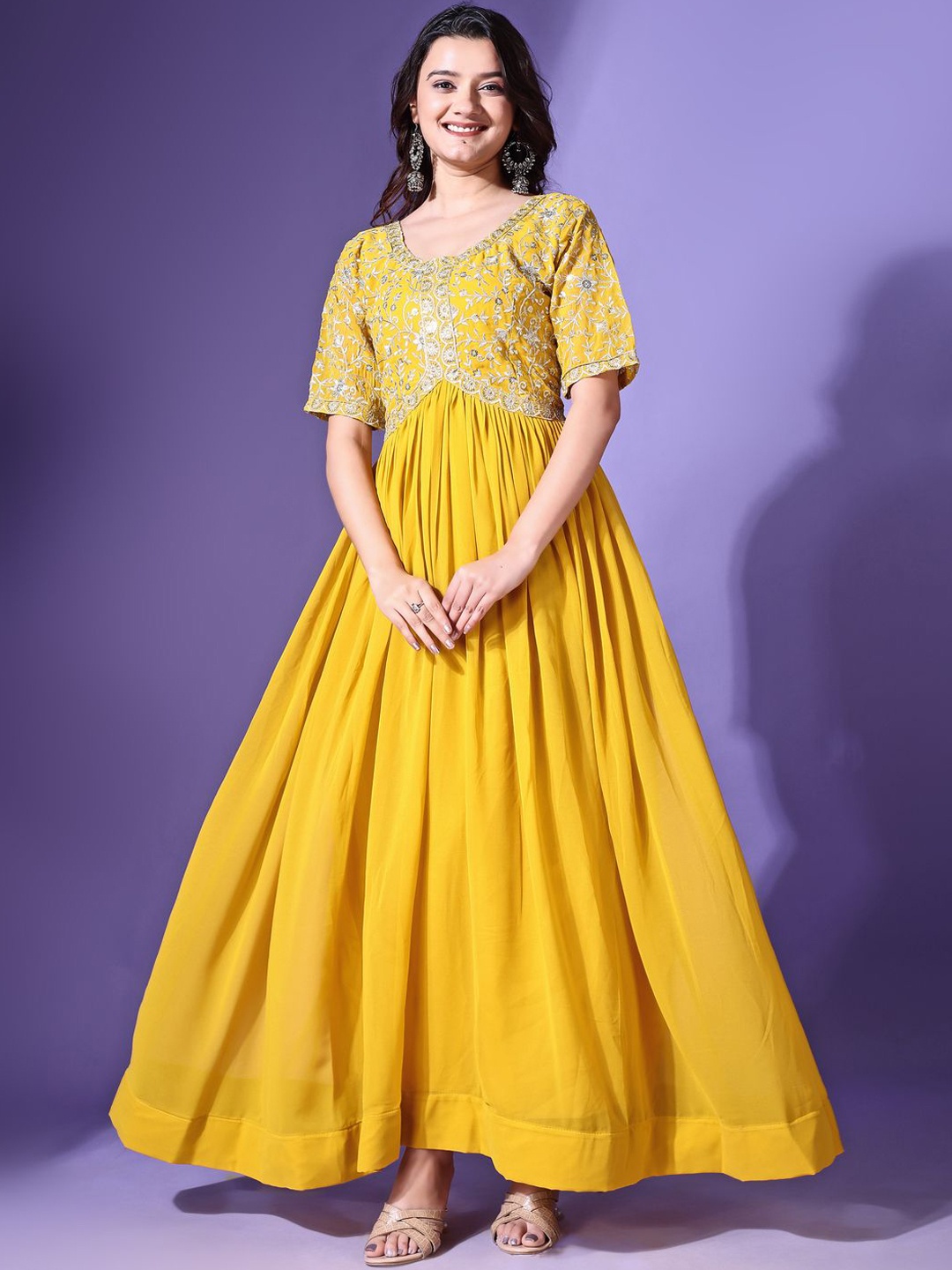 

KALINI Floral Embroidered Thread Work Georgette Fit and Flare Ethnic Dress, Yellow