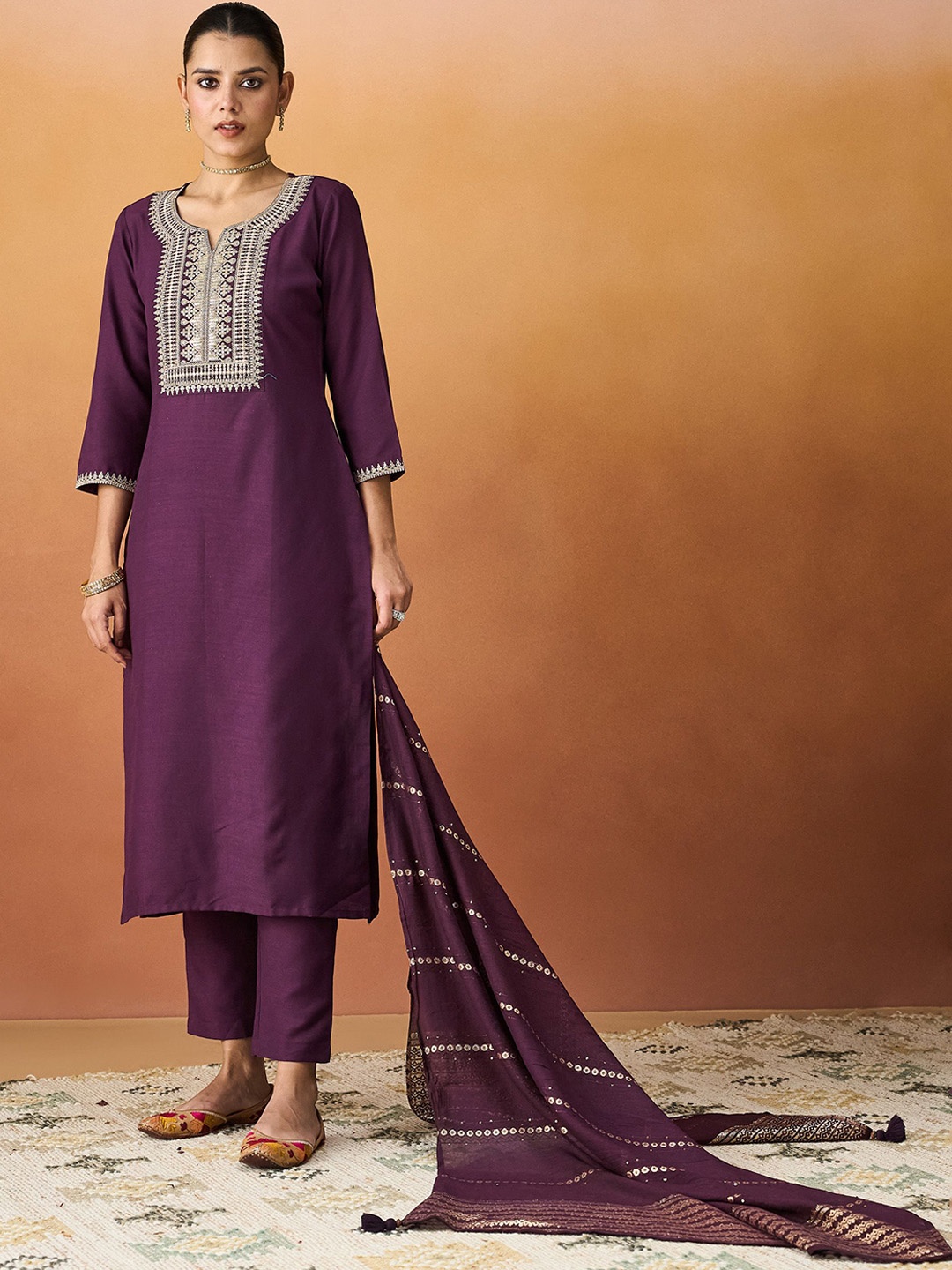 

KALINI Ethnic Motifs Embroidered Straight Kurta With Trousers & Dupatta, Burgundy