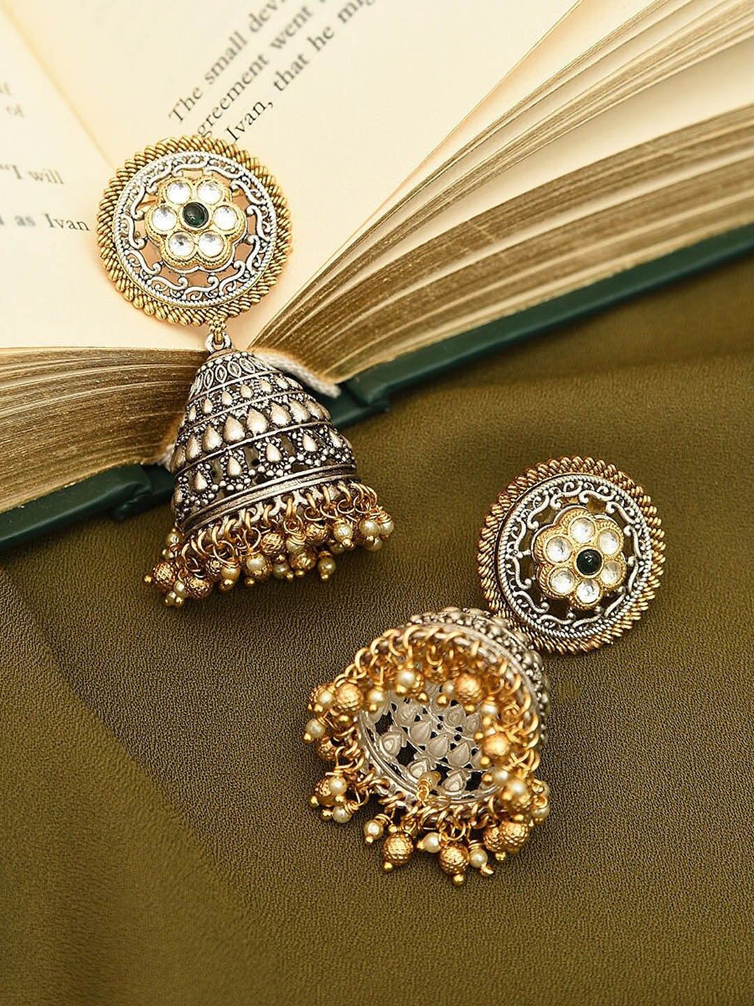 

JAYPORE Dome Shaped Stone Studded & Beaded Jhumkas, Silver