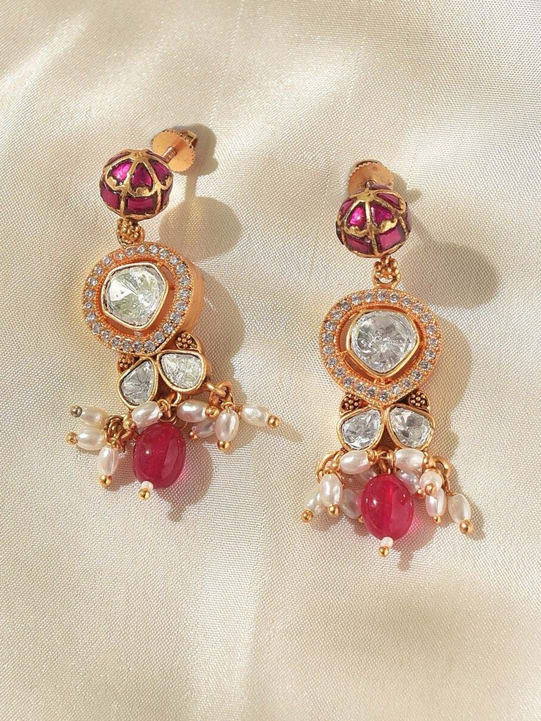 

JAYPORE Stone Studded Contemporary Drop Earrings, Gold