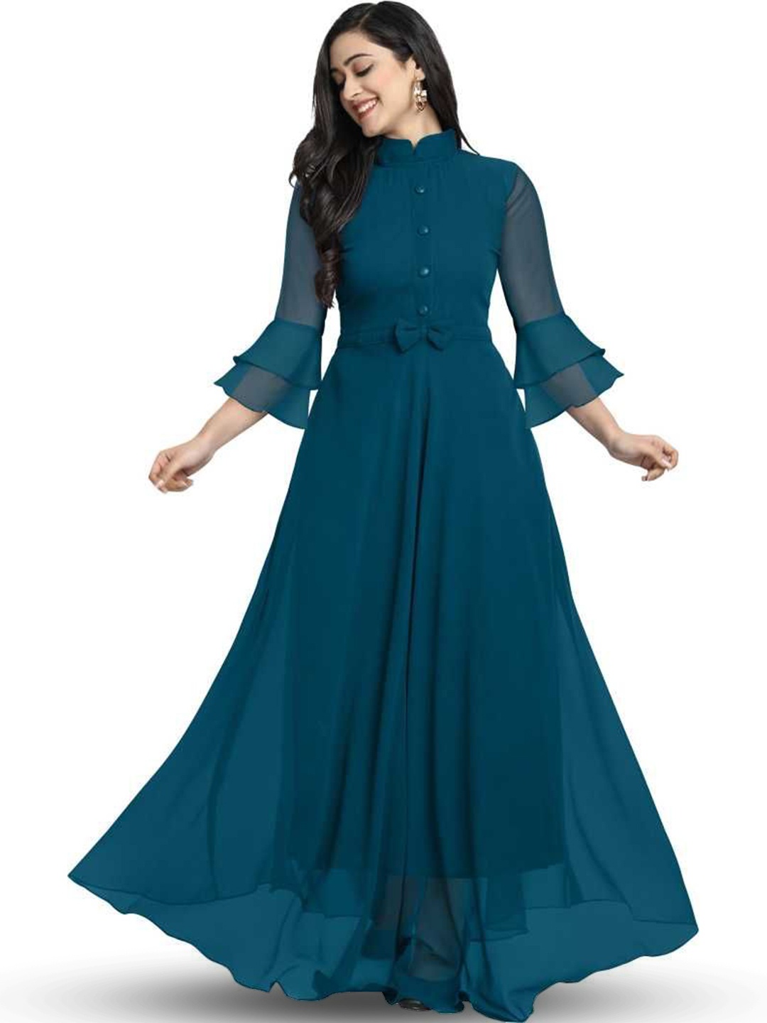 

Raiyani Enterprise Women Bell Sleeve Fit & Flare Maxi Dress, Blue