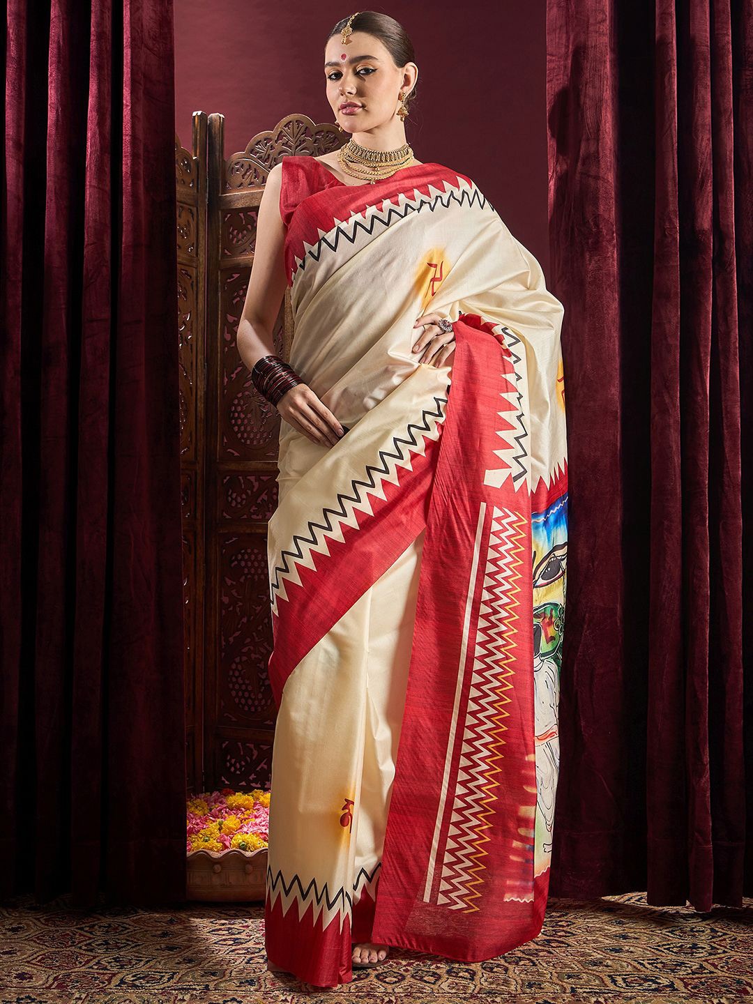 

Saree mall Durga Puja Ethnic Motifs Silk Garad Saree, Off white