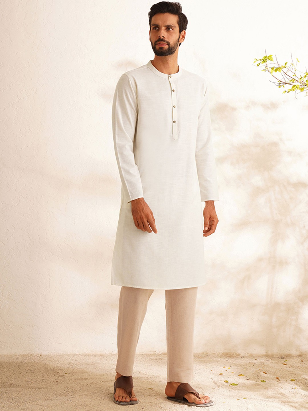 

JAYPORE Band Collar Pure Cotton Straight Kurta, White