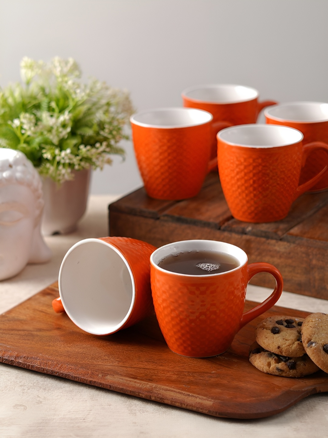 

CDI Orange & White 6 Pieces Textured Ceramic Glossy Emobossed Cups and Mugs