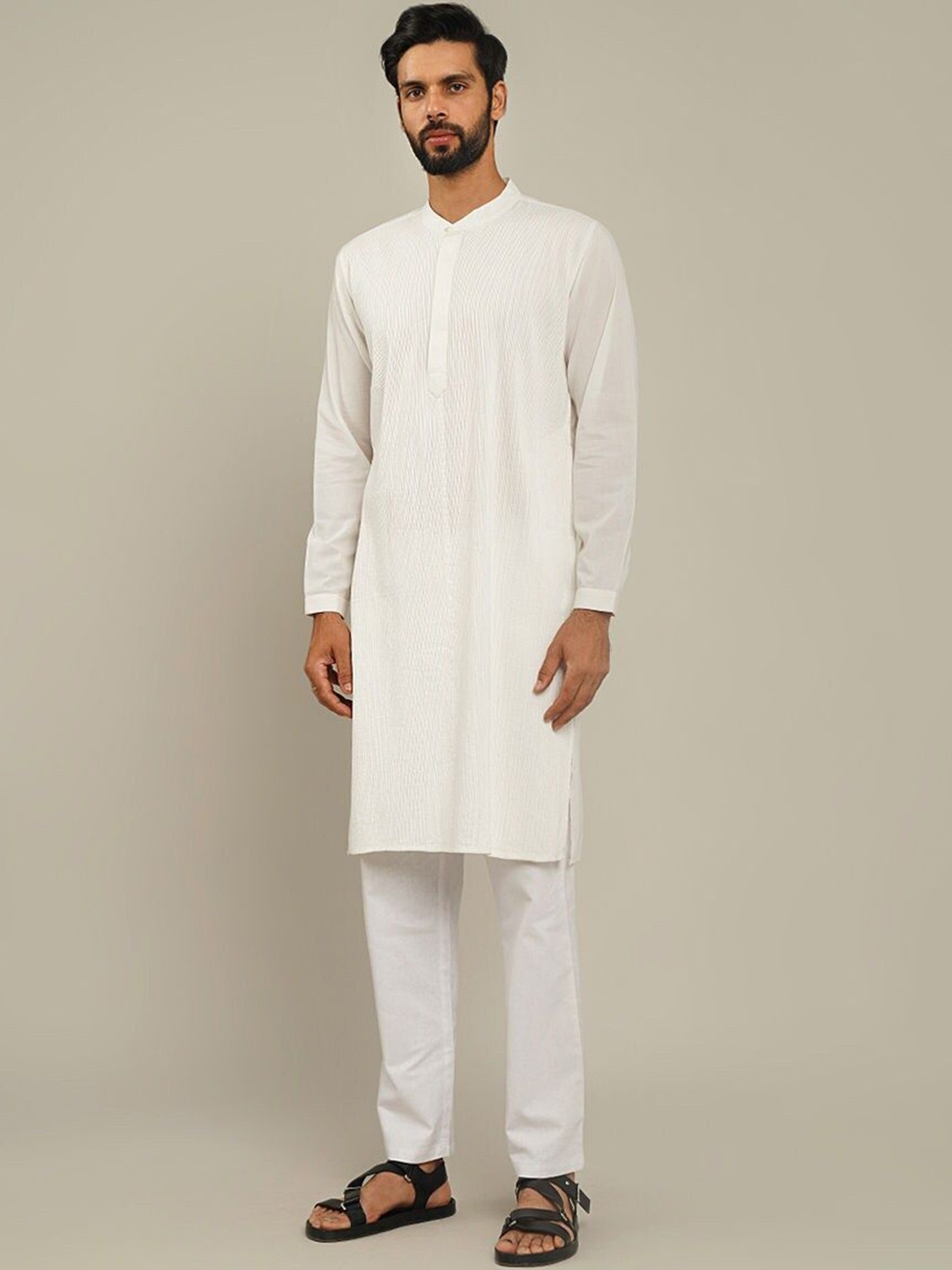 

JAYPORE Striped Embroidered Band Collar Pure Cotton Straight Kurta, Off white