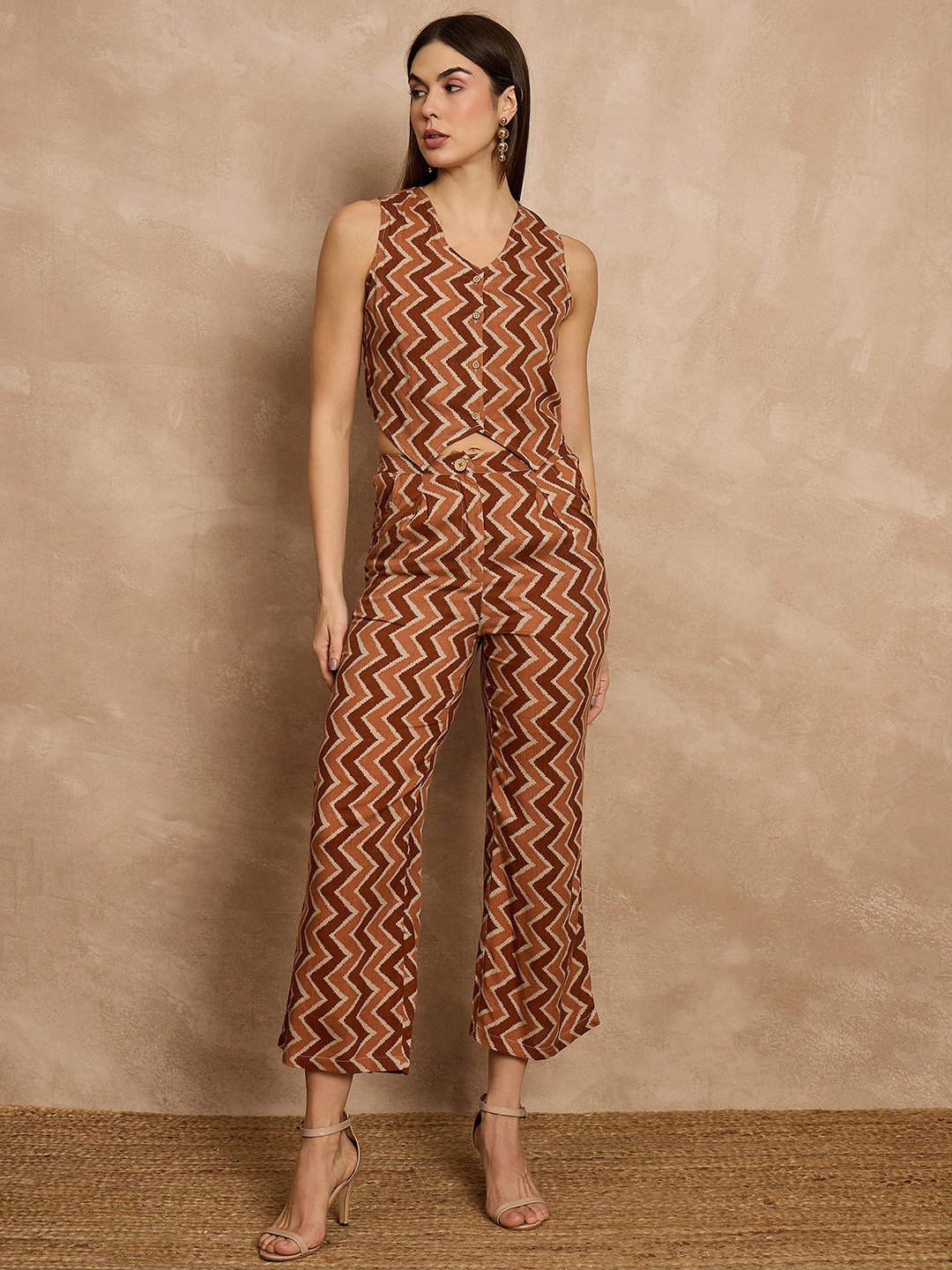 

all about you Chevron Printed V-Neck Sleeveless Waistcoat With Trouser, Brown