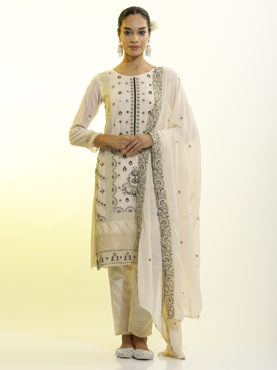 

Jaipur Kurti Festive Embroidered Georgette Kurta Set With Dupatta, Cream