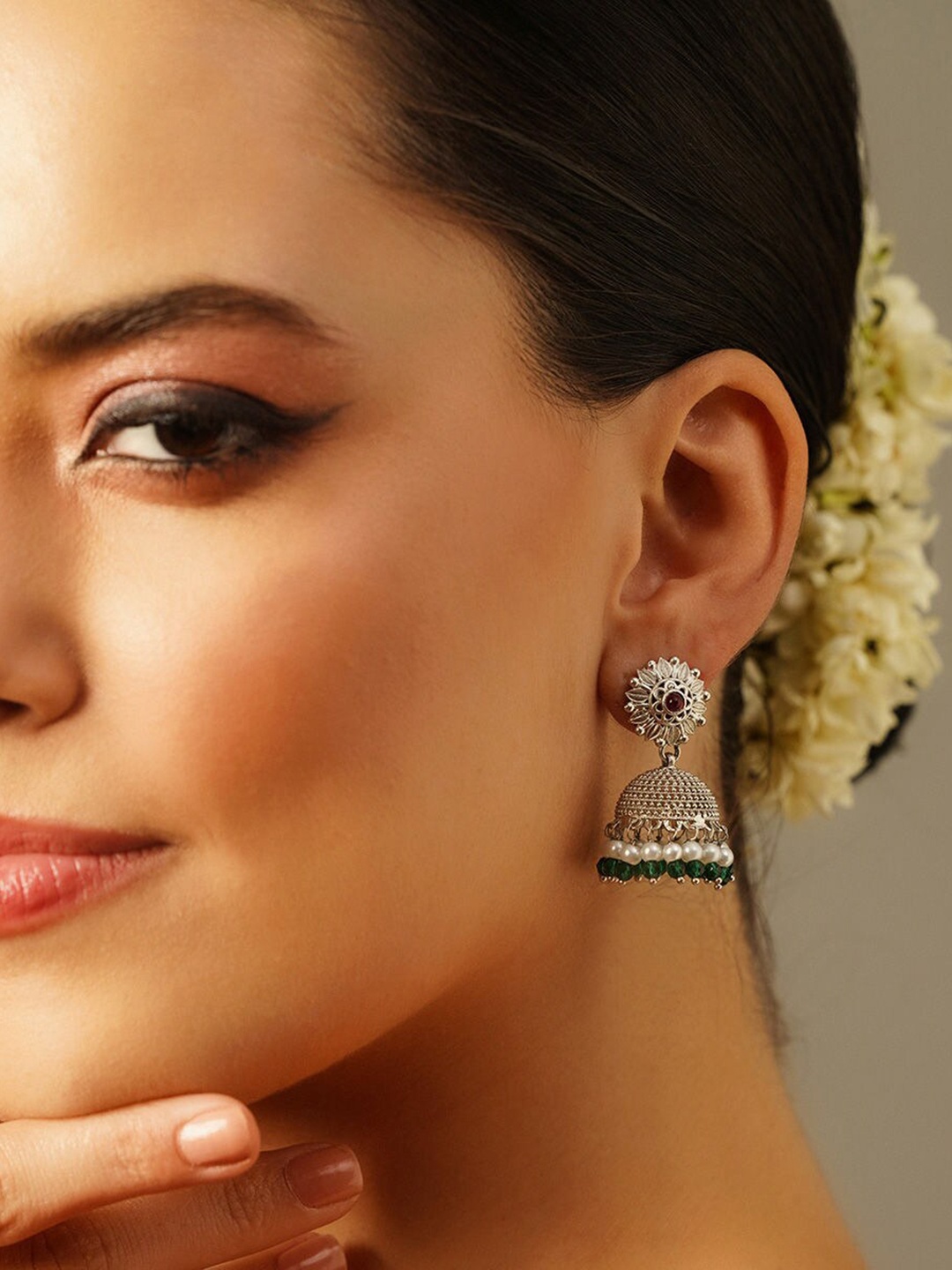 

JAYPORE Dome Shaped Oxidised Stone Studded & Beaded Jhumkas, Silver