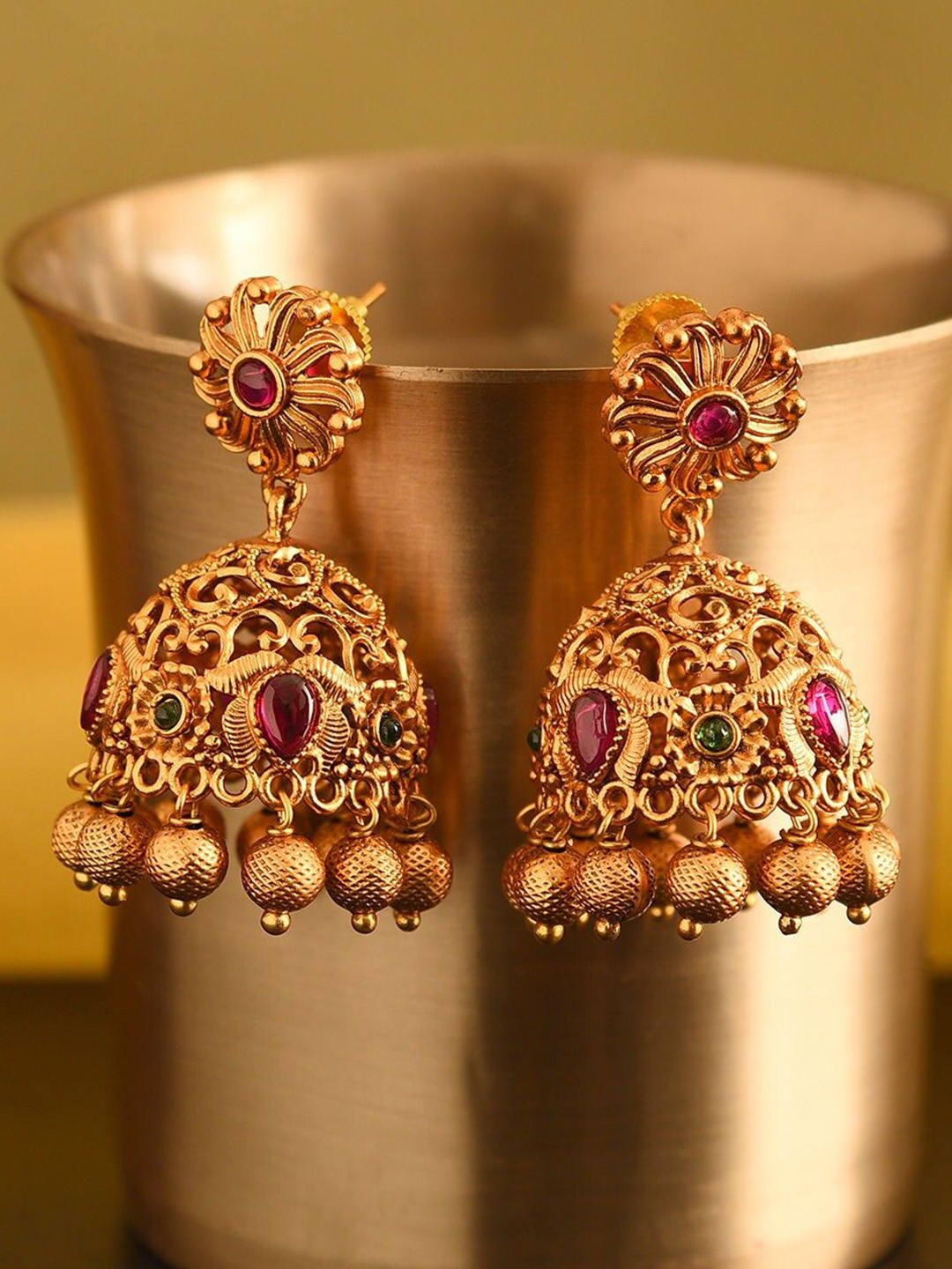 

JAYPORE Dome Shaped Stone Studded Jhumkas, Gold