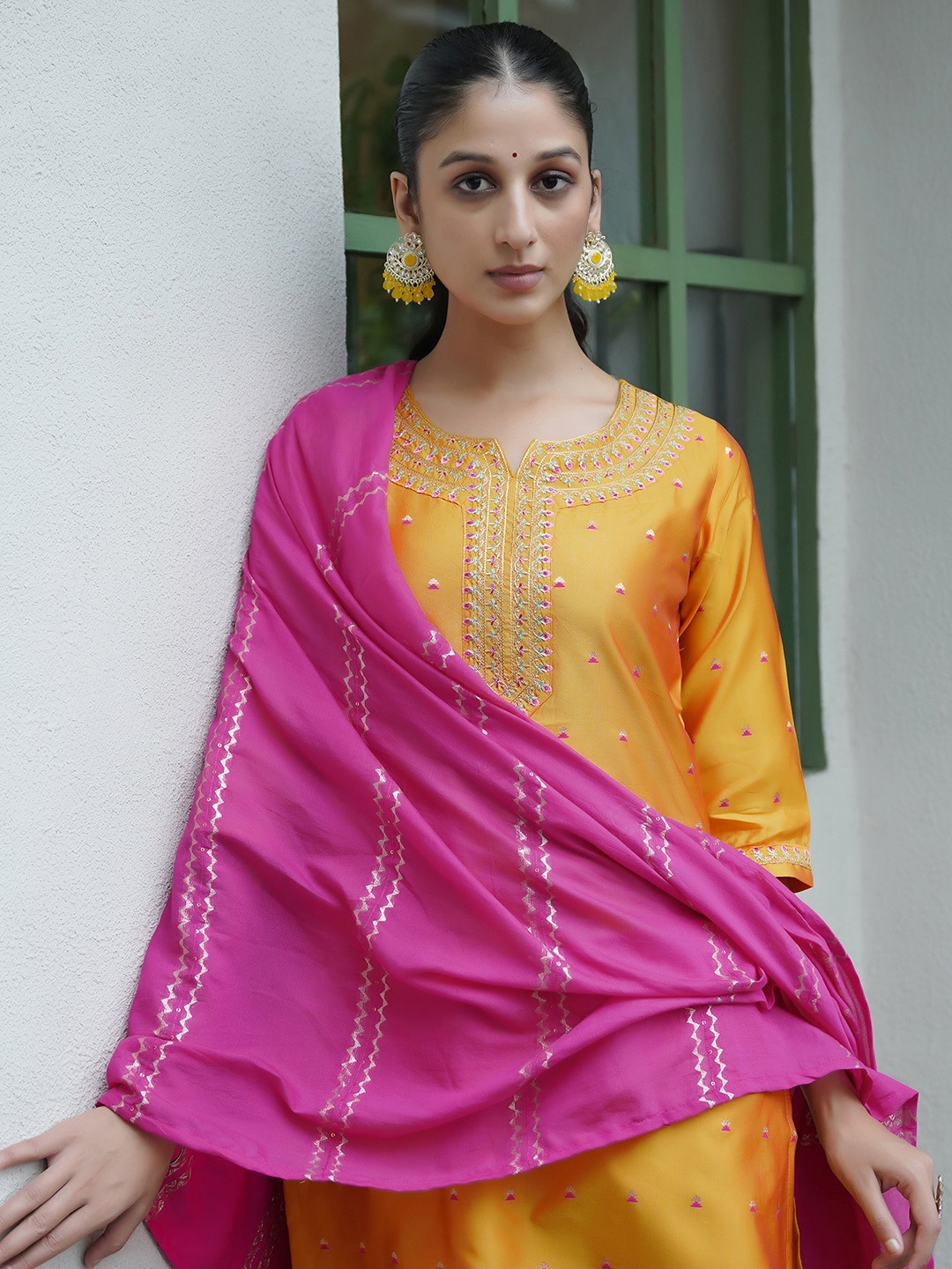 

KALINI Ethnic Motifs Embroidered Straight Kurta With Trousers & Dupatta, Yellow