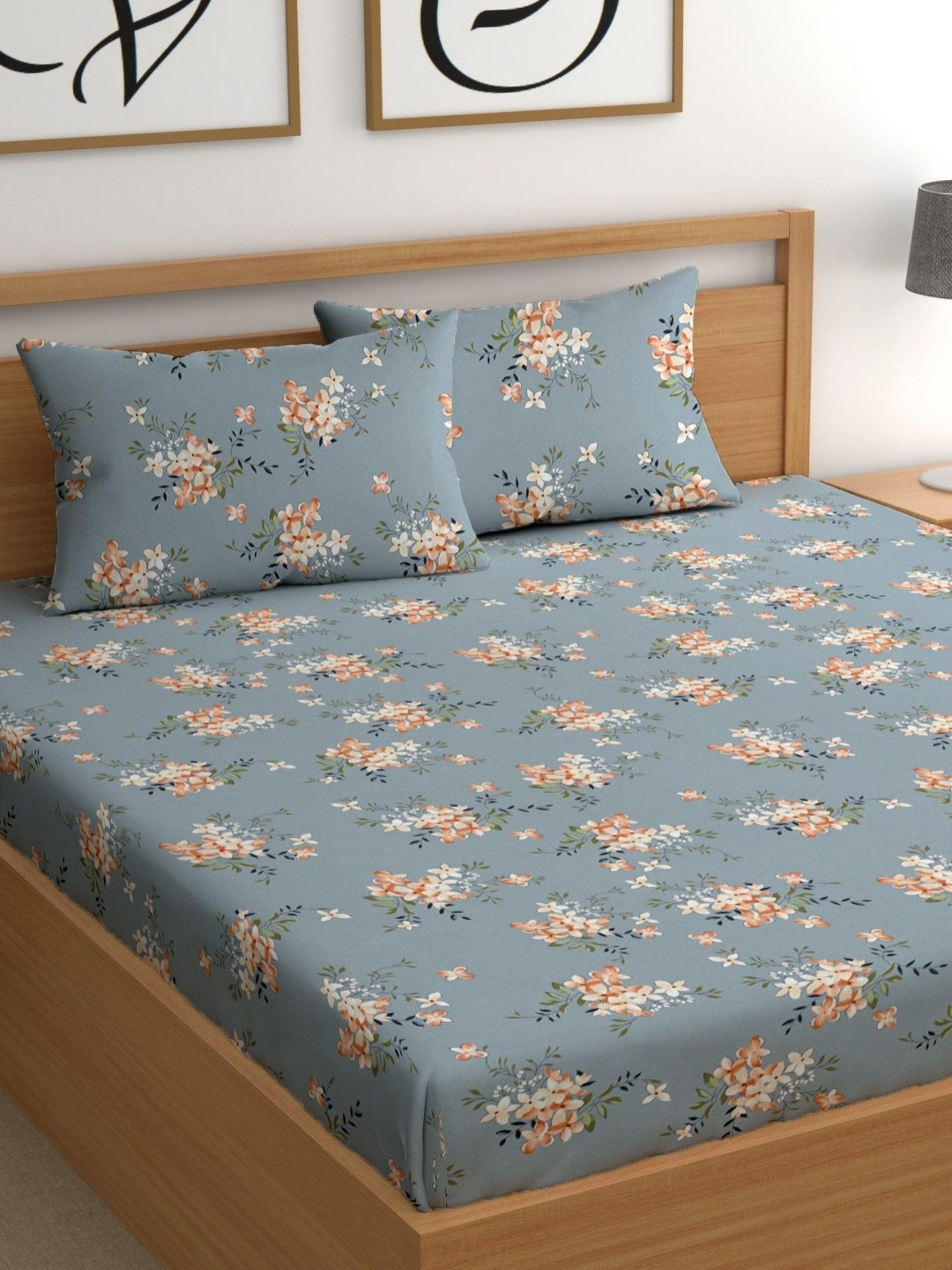 

CHHAVI INDIA Blue Floral Printed Microfiber 210 TC Queen Bedsheet Set 2.50 m x 2.25 m