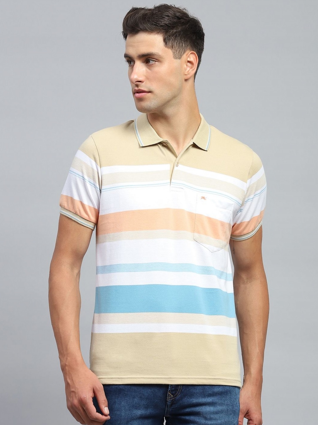 

Monte Carlo Men Striped Polo Collar Cotton T-shirt, Beige