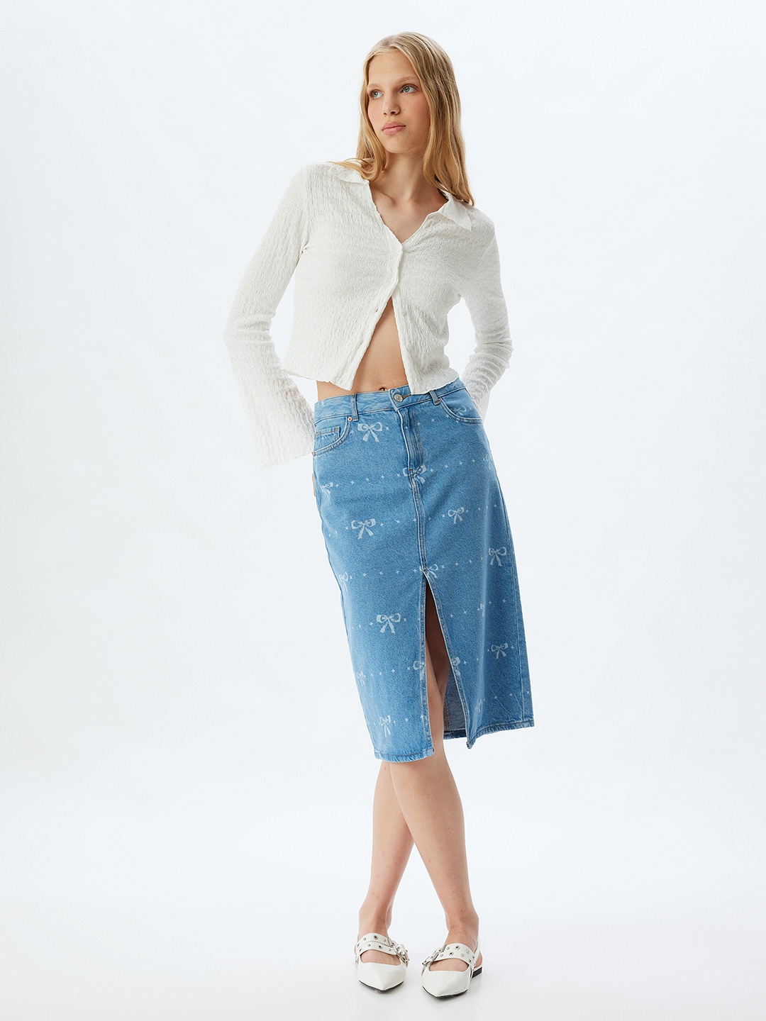 

Koton Women Front Slit Pure Cotton Straight Skirt, Blue