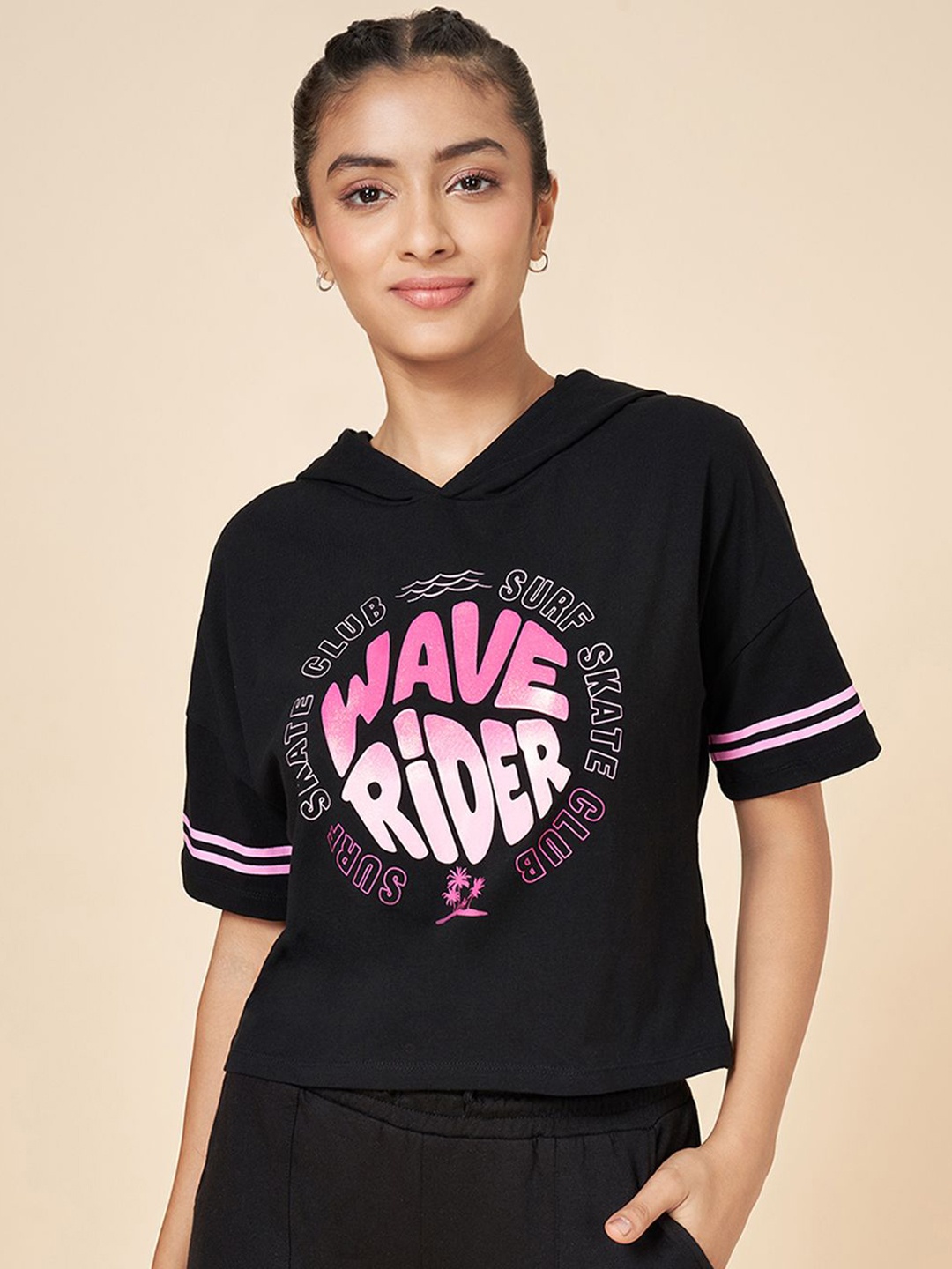 

Coolsters by Pantaloons Girls Typography Printed Hood Cotton Boxy T-shirt, Black