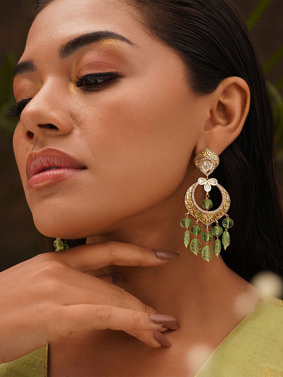 

JAYPORE Kundan Studded Contemporary Drop Earrings, Gold