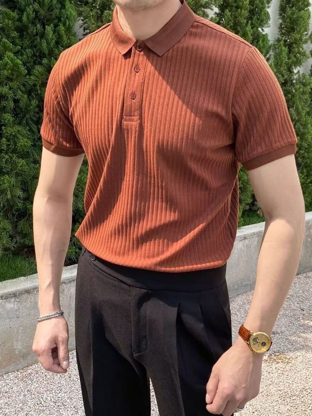 

StyleCast Men Self Design Polo Collar Slim Fit T-shirt, Rust