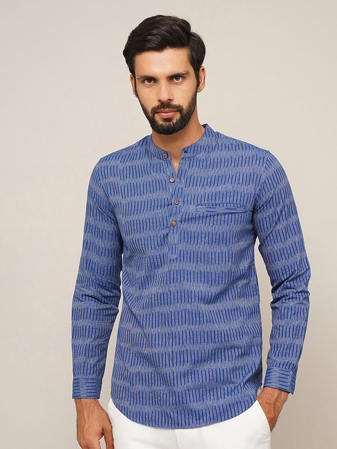 

JAYPORE Striped Woven Design Band Collar Neck Long Sleeves Pure Cotton Straight Kurta, Blue