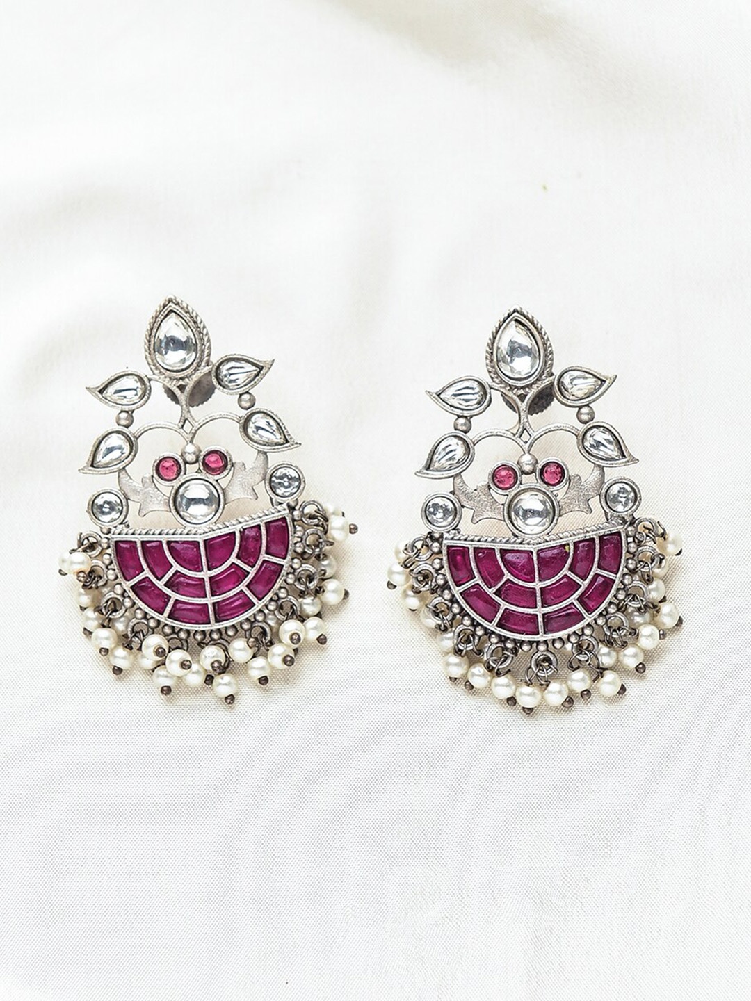 

JAYPORE Stone Studded & Beaded Contemporary Chandbalis, Silver