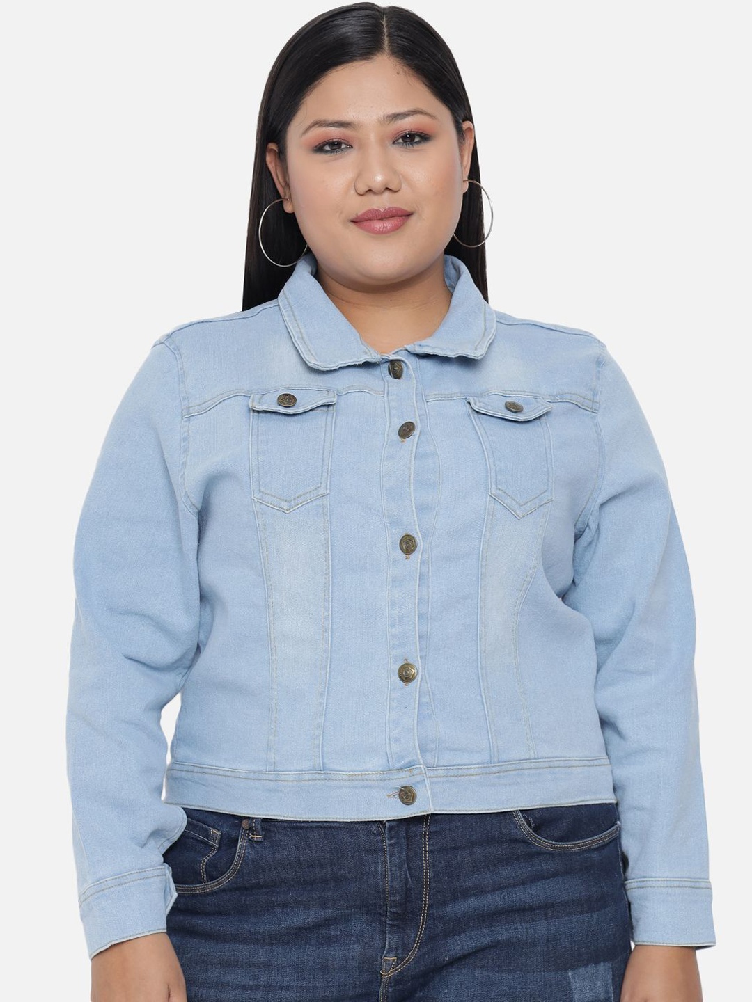 

Funday Fashion Women Spread Collar Solid Casual Plus Size Denim Jacket, Blue