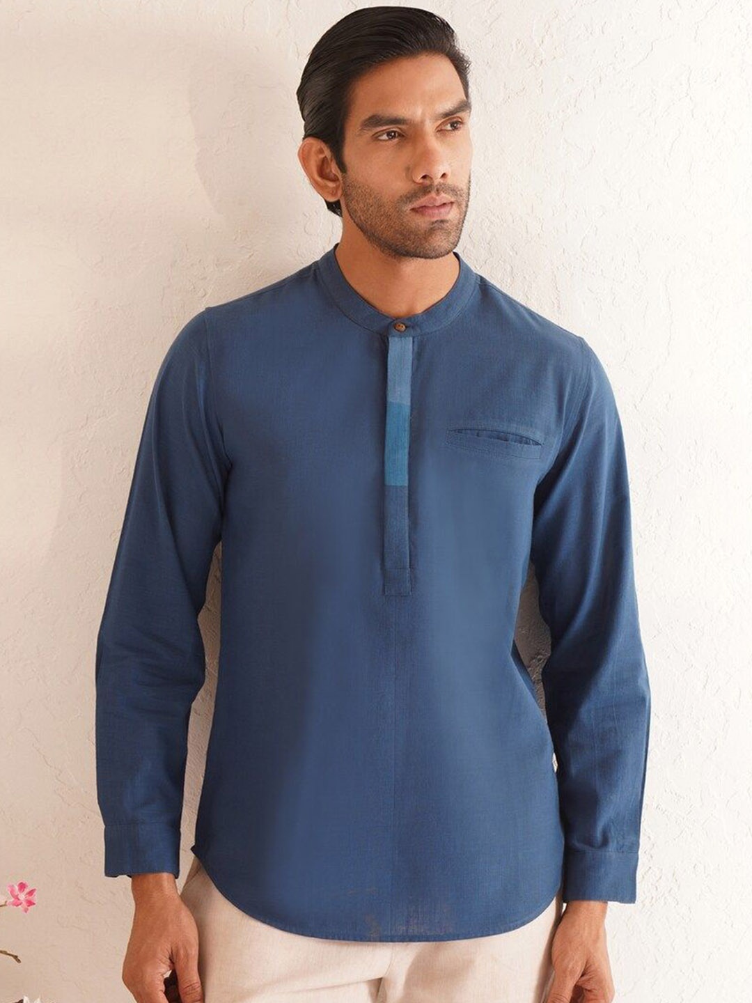 

JAYPORE Band Collar Pure Cotton Straight Short Kurta, Blue