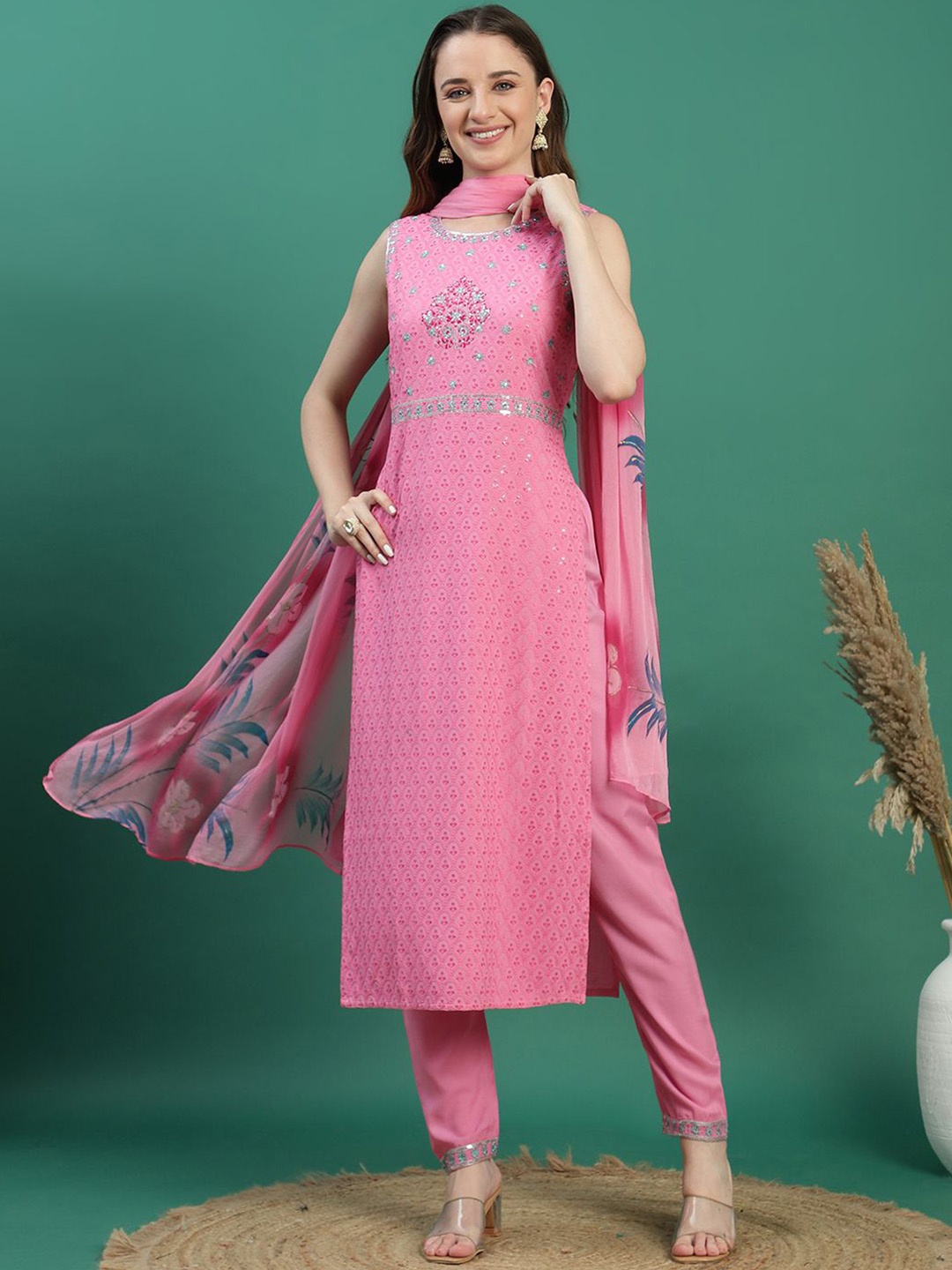 

Sangria Pink Floral Embroidered Sequined Straight Kurta With Trousers & Dupatta