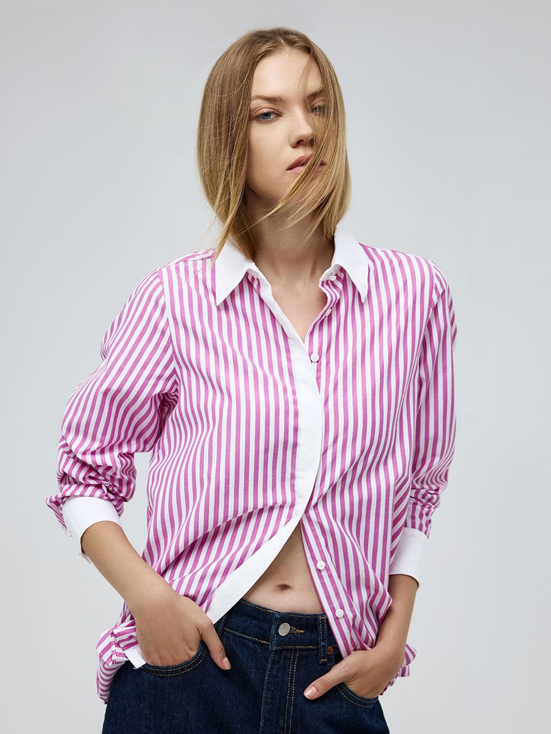 

COVER STORY Women Spread Collar Vertical Striped Casual Shirt, Purple