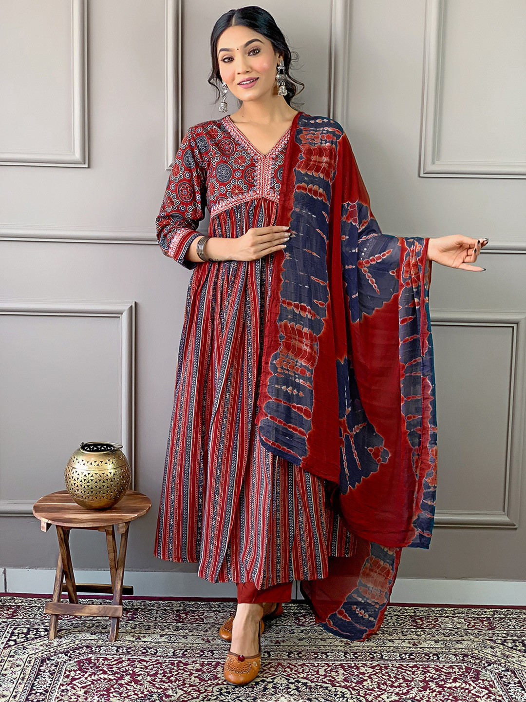 

NIJANAND TEXTILE Printed Mirror Work Pure Cotton Anarkali Kurta with Palazzos & Dupatta, Maroon