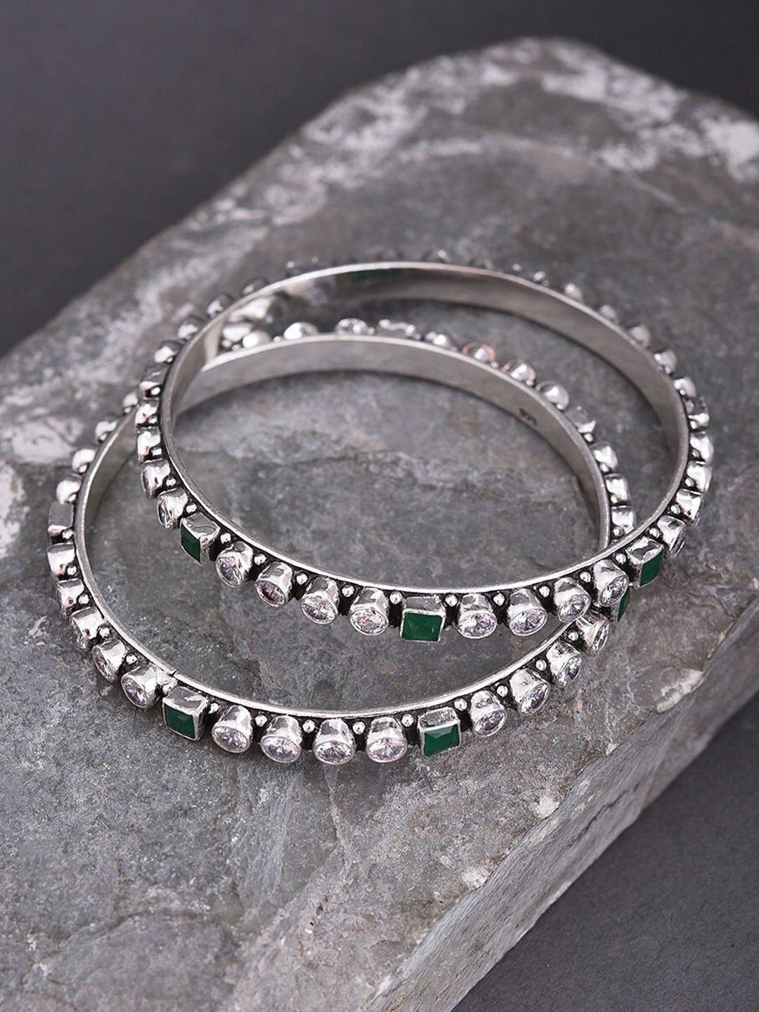 

JAYPORE Set Of 2 Silver-Plated Stone Studded Bangle