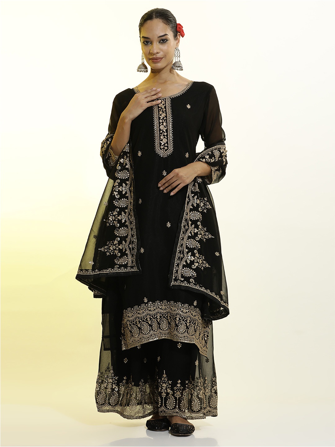 

Jaipur Kurti Festive Embroidered Georgette Heavy Kurta Set With Dupatta, Black
