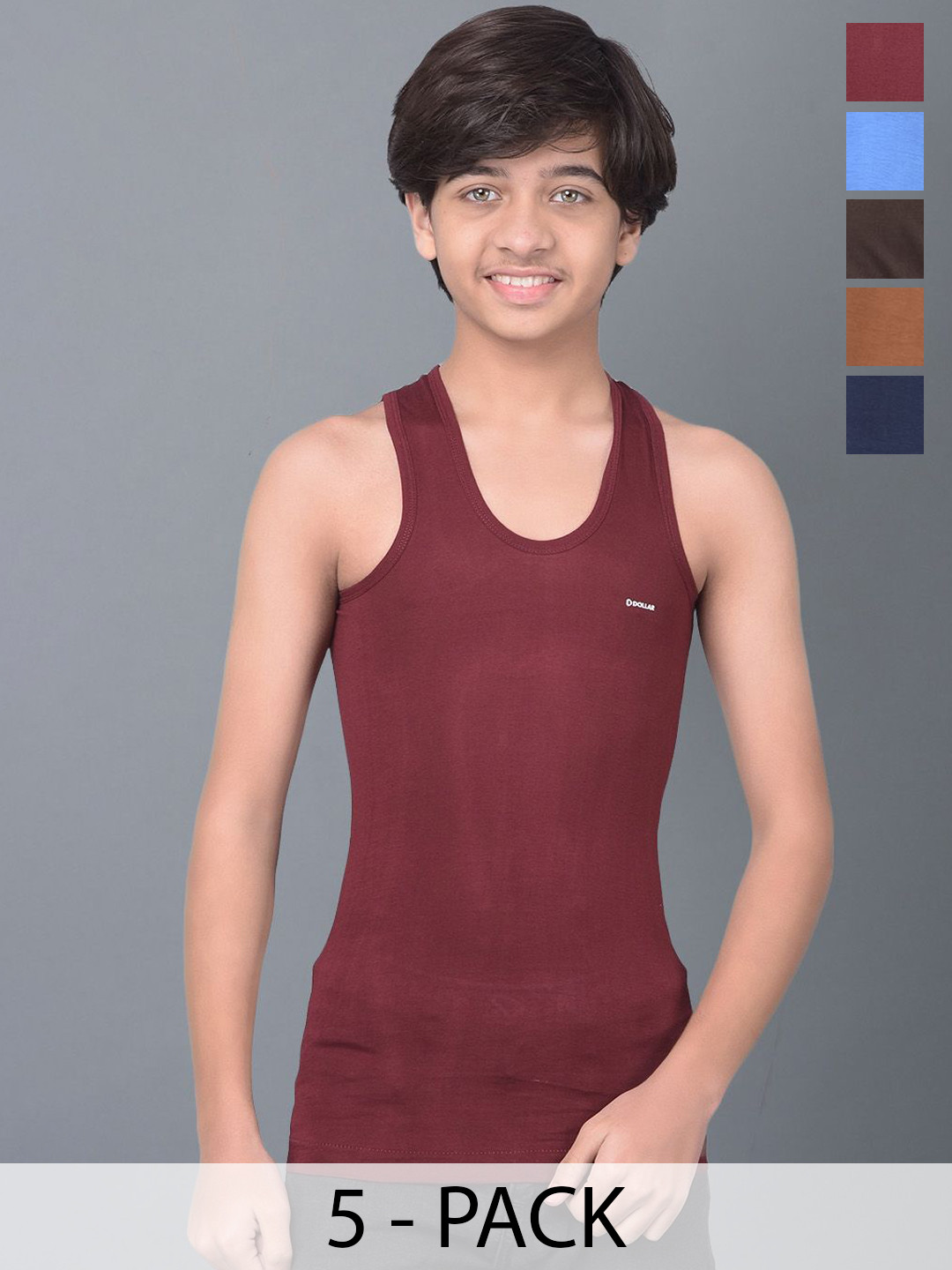 

Dollar Bigboss Boys Pack Of 5 Solid Cotton Innerwear Vests, Assorted